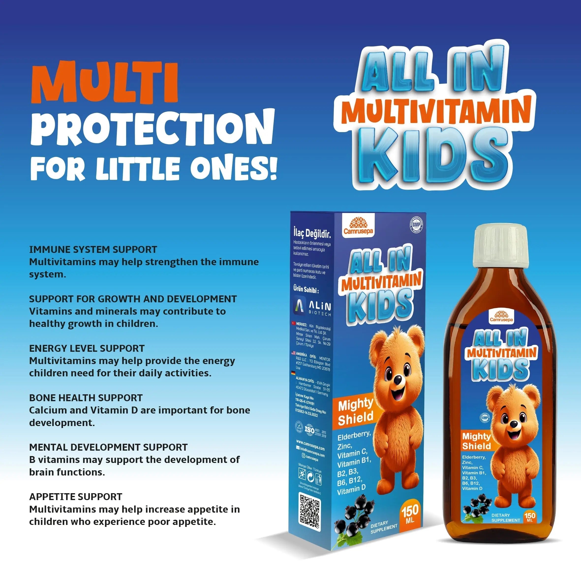 CAMRUSEPA All in Multivitamin Kids Syrup – Black Elderberry Flavored, Inositol, Zinc, Vitamin C, Daily Liquid Multivitamin Camrusepa uk supplements