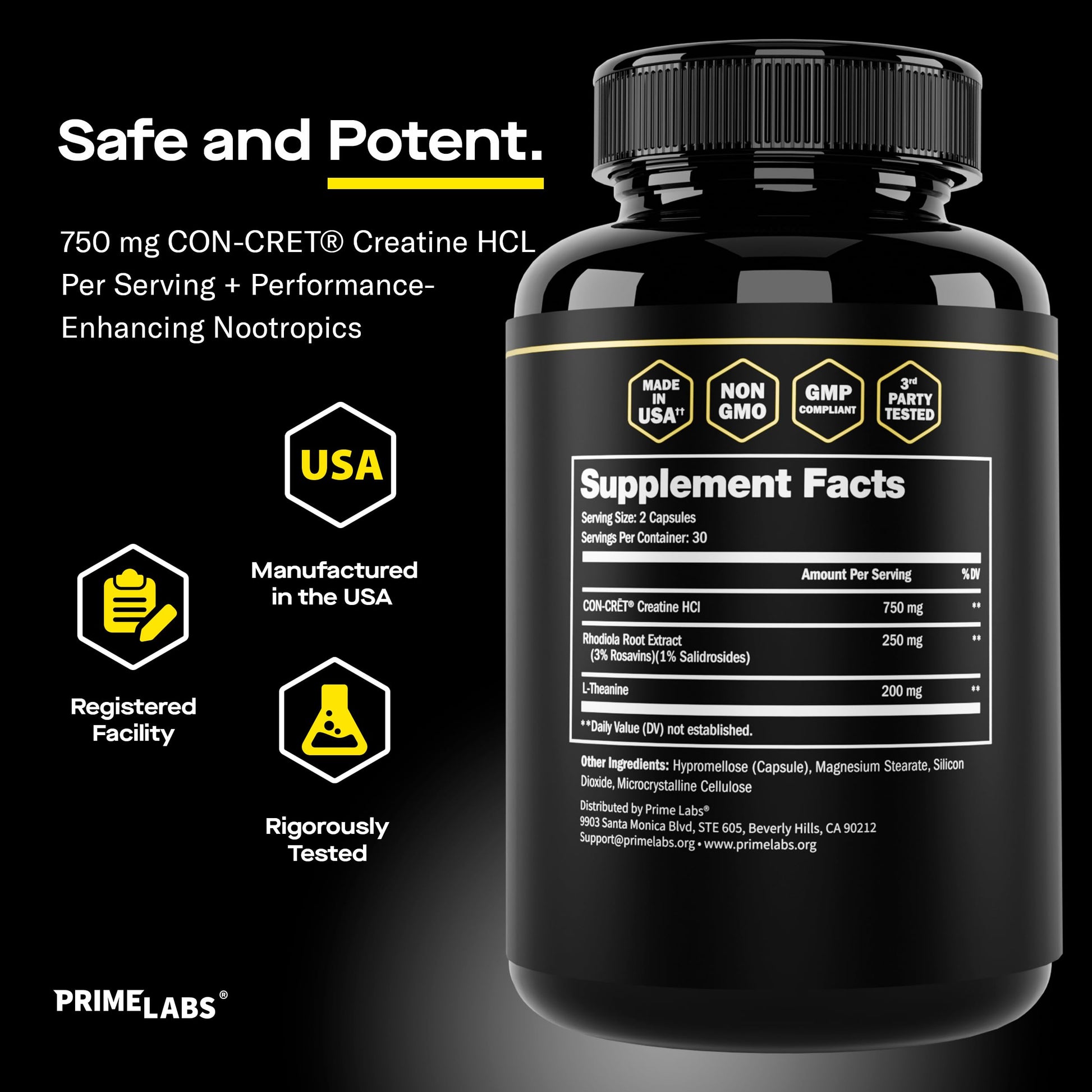 Prime Labs Creatine HCl Capsules - with CON-CRĒT®, Rhodiola Root Extract, & L-Theanine - Muscle Support, Endurance, Cognitive Function - for Men & Women - 60 Pills Prime Labs uk supplements
