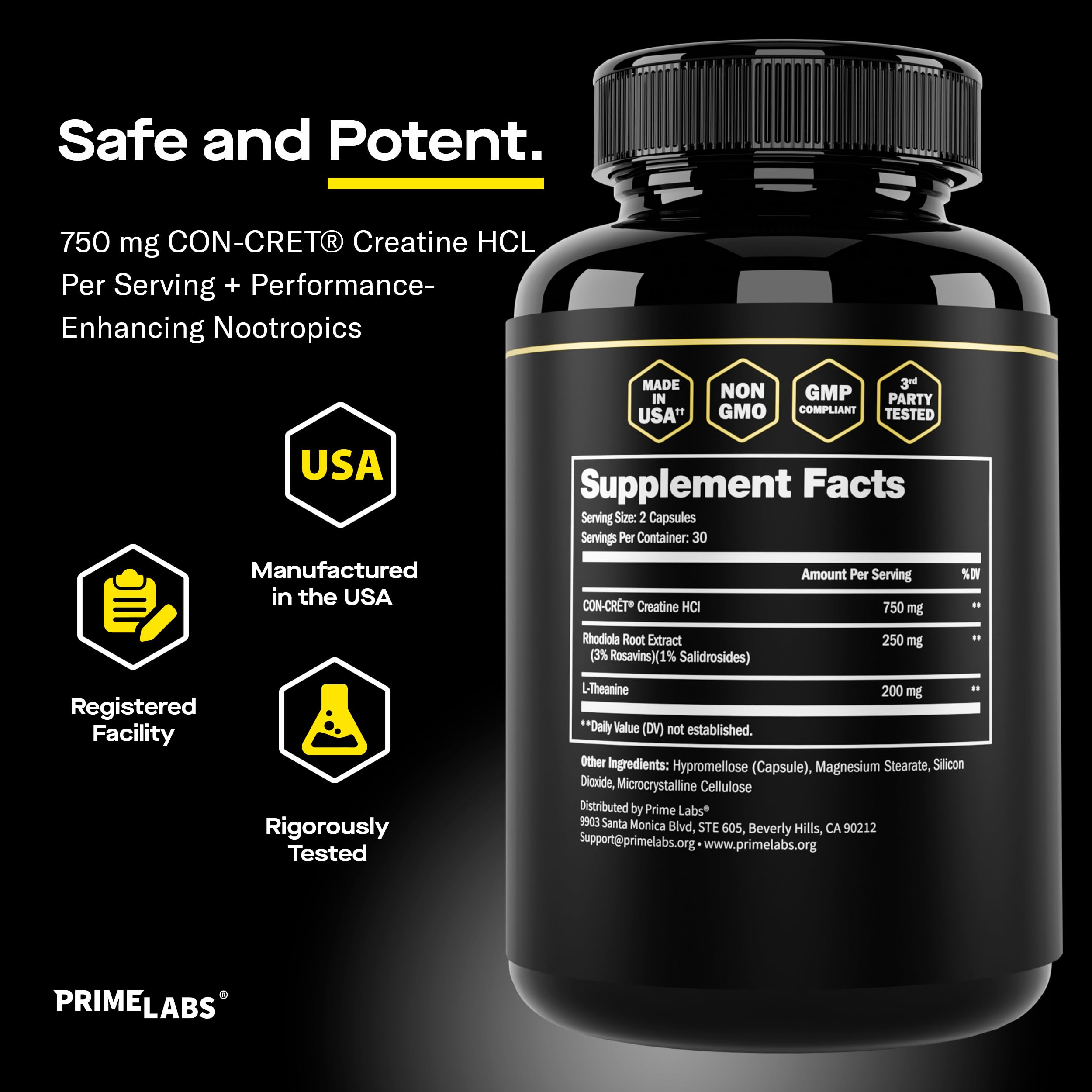 Prime Labs Creatine HCl Capsules - with CON-CRĒT®, Rhodiola Root Extract, & L-Theanine - Muscle Support, Endurance, Cognitive Function - for Men & Women - 60 Pills Prime Labs uk supplements