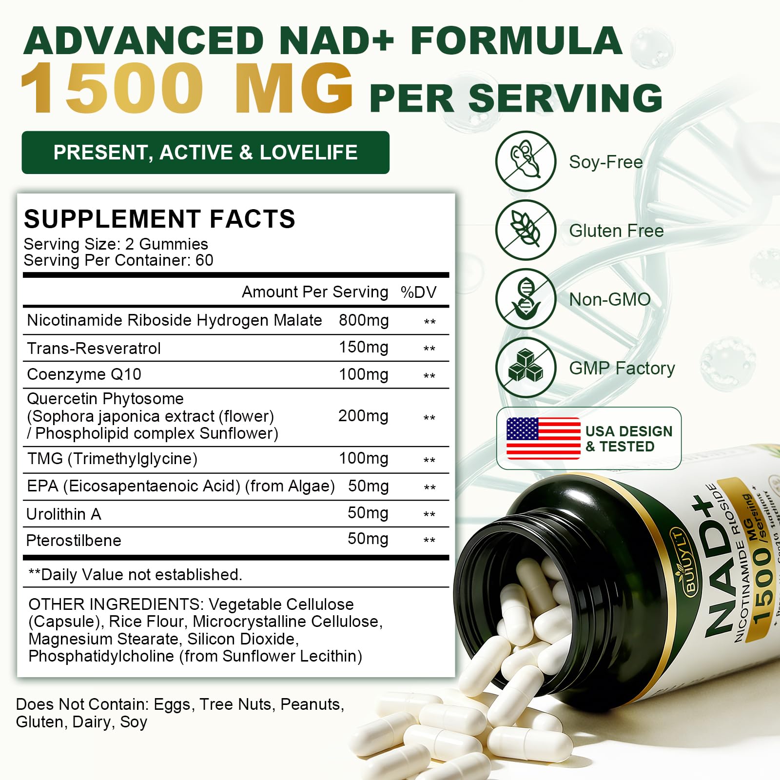 BUIUYLT NAD+ Supplement 1500mg, NR NMN Replacement with Resveratrol, Urolithin A, CoQ10 & Quercetin for Cellular Energy, Healthy Aging & Stamina for Women & Men - 120 Capsules BUIUYLT uk supplements