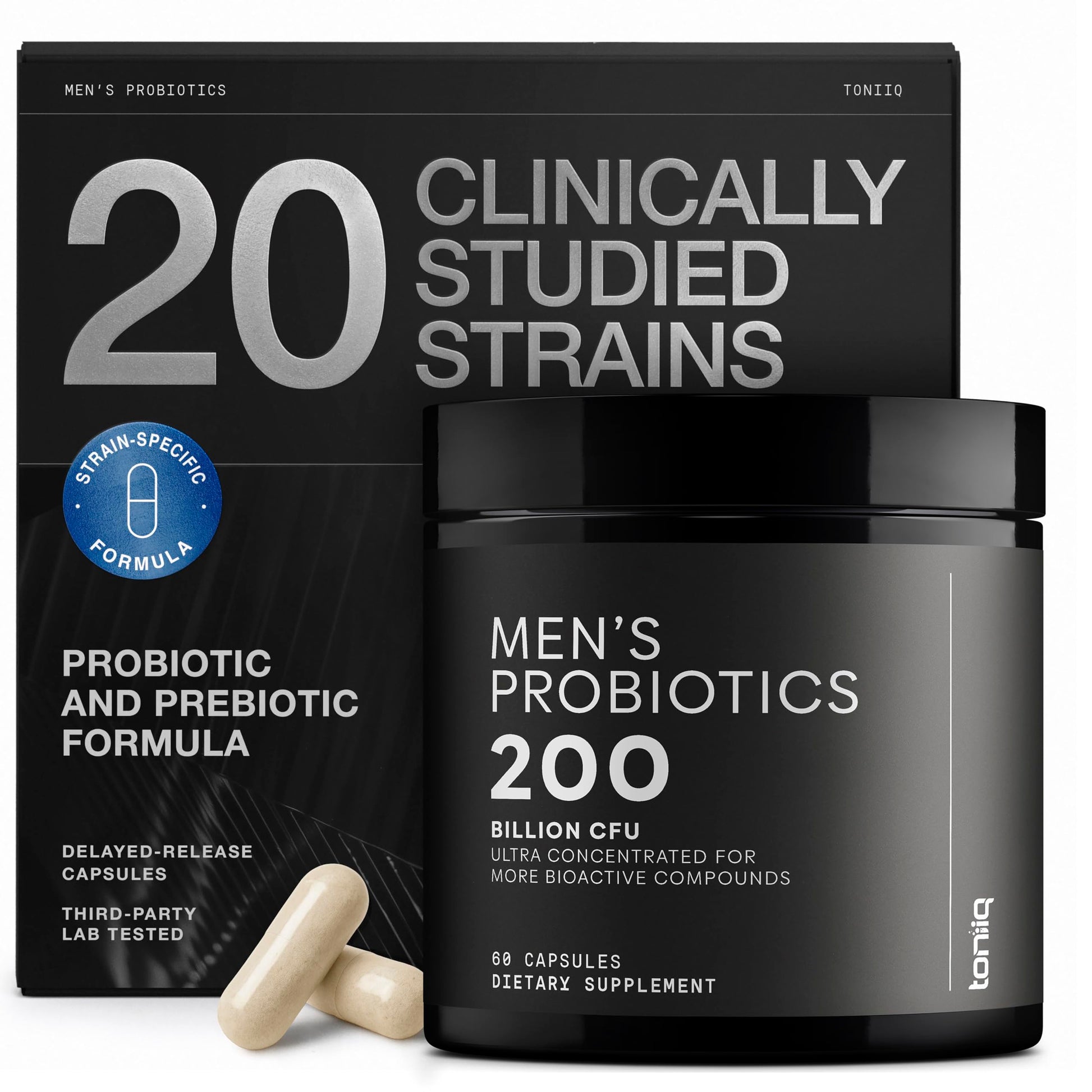 Toniiq Mens Probiotic with 20 Verified Strains – 200 Bilion CFU + 200mg FOS Prebiotic – Mens Probiotics for Gut Health - Cold-Chain & Delayed-Release – Lab-Tested Synbiotic Formula Toniiq uk supplements