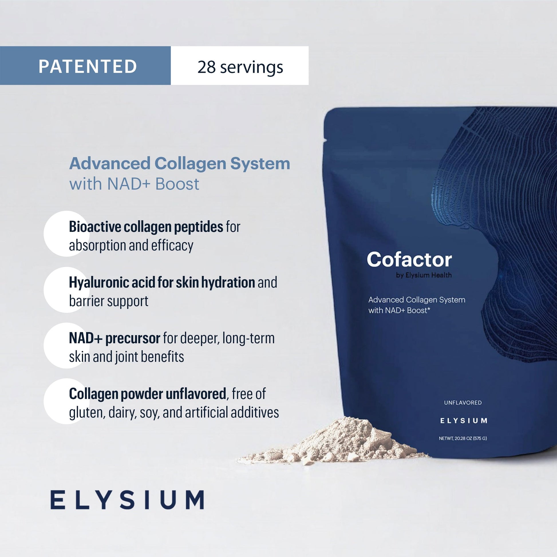 ELYSIUM Cofactor – 4-in-1 Collagen Peptides Powder w/NAD+, Hyaluronic Acid & Vitamin C for Skin, Hair, Nails, Joints & Cellular Health, Collagen Supplements for Men & Women – Unflavored, 28 Servings ELYSIUM uk supplements