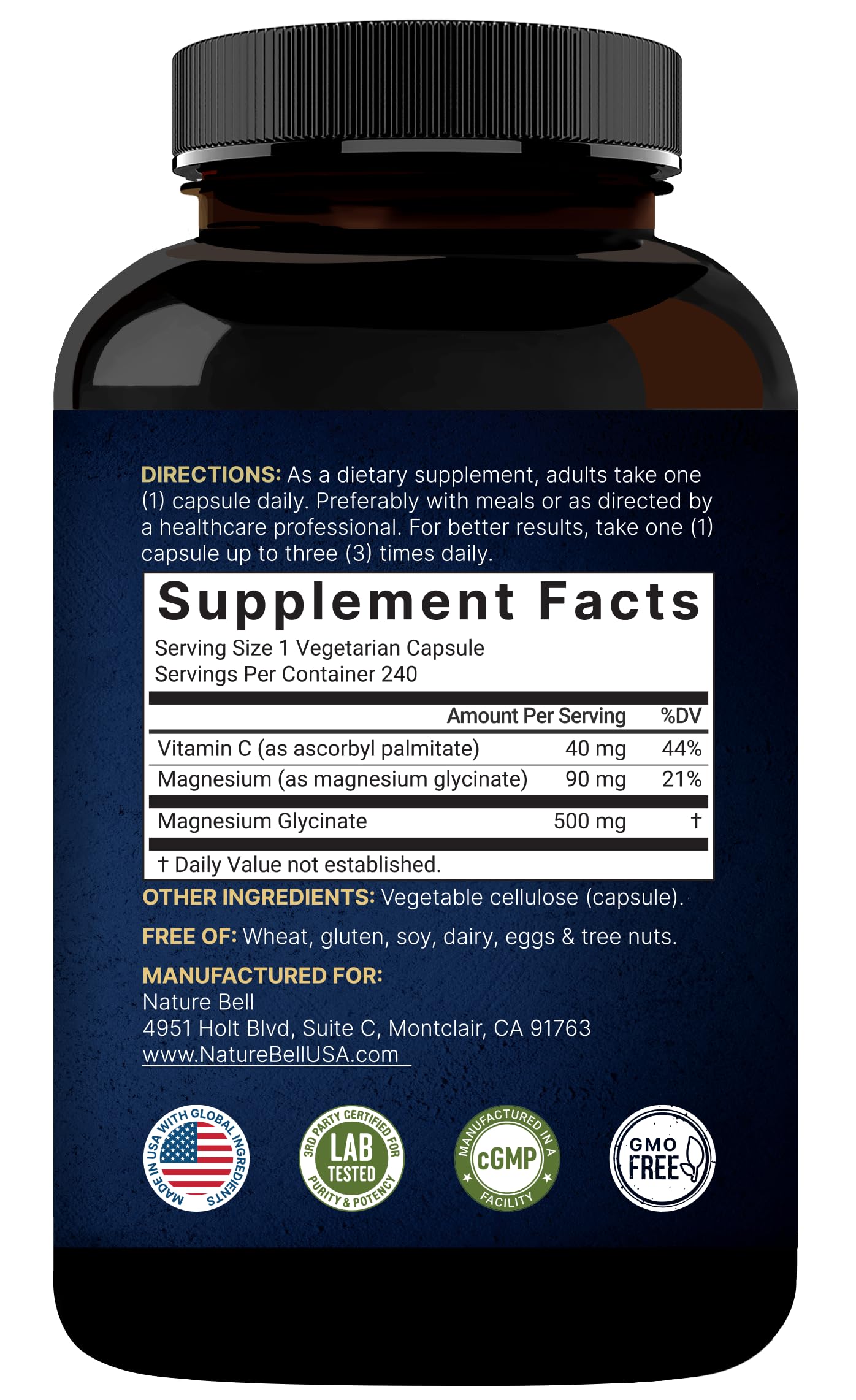 Naturebell Pure Magnesium Glycinate 500mg, 240 Veggie Capsules | 100% Chelated & Purified – 3rd Party Tested, Vegan Friendly, Non-GMO, Fiiler Free NatureBell uk supplements