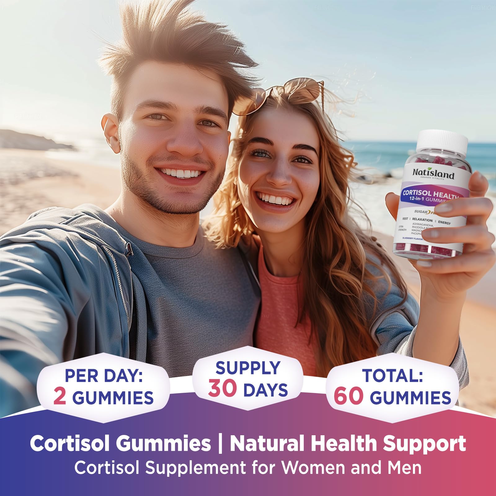 Cortisol Gummies, 12-in-1 Cortisol Reducer, with Magnesium Glycinate, Ashwagandha, L-Theanine, Phosphatidylserine, Vitamin B6 & D3, Rhodiola Rosea, for Men & Women, Sugar-Free, Vegan, NON-GMO, 60CT NATISLAND uk supplements