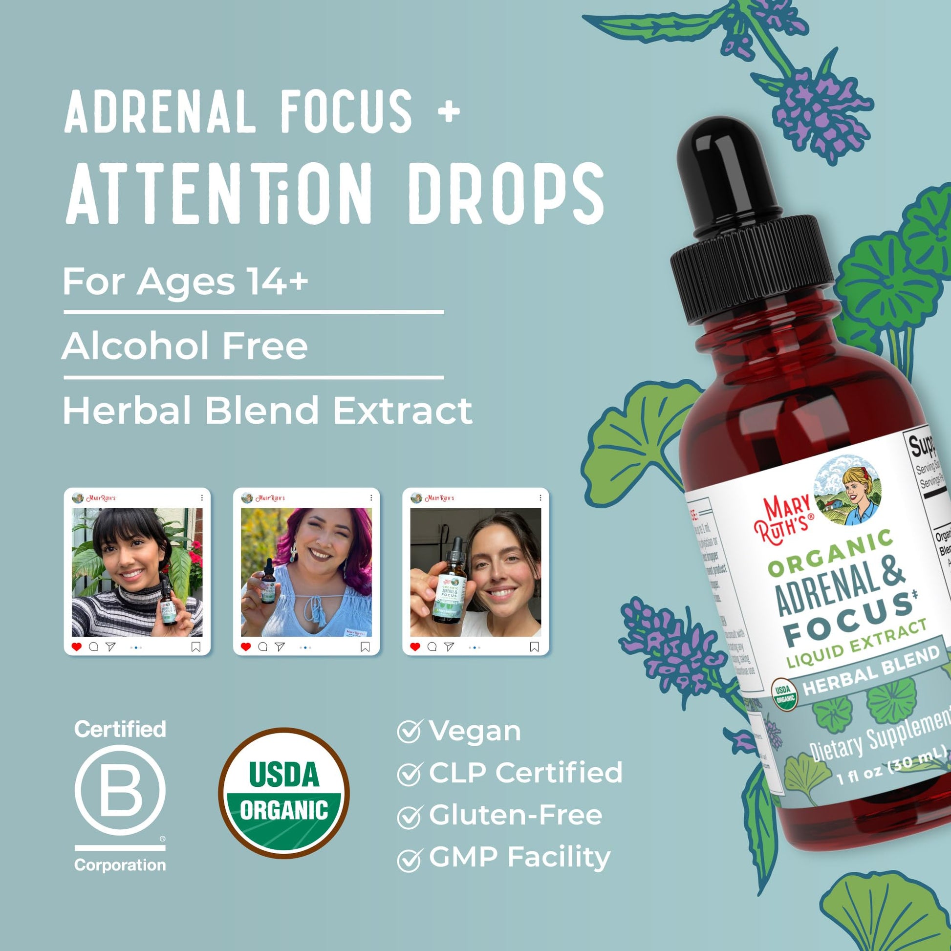 MaryRuth Organics - USDA Organic Brain Nootropic Supplement for Adults with Ginkgo Biloba & Astragalus | Focus & Adrenal Support | Brain & Memory Drops | Vegan | Non-GMO | Gluten Free | 30 Servings MARYRUTH'S uk supplements
