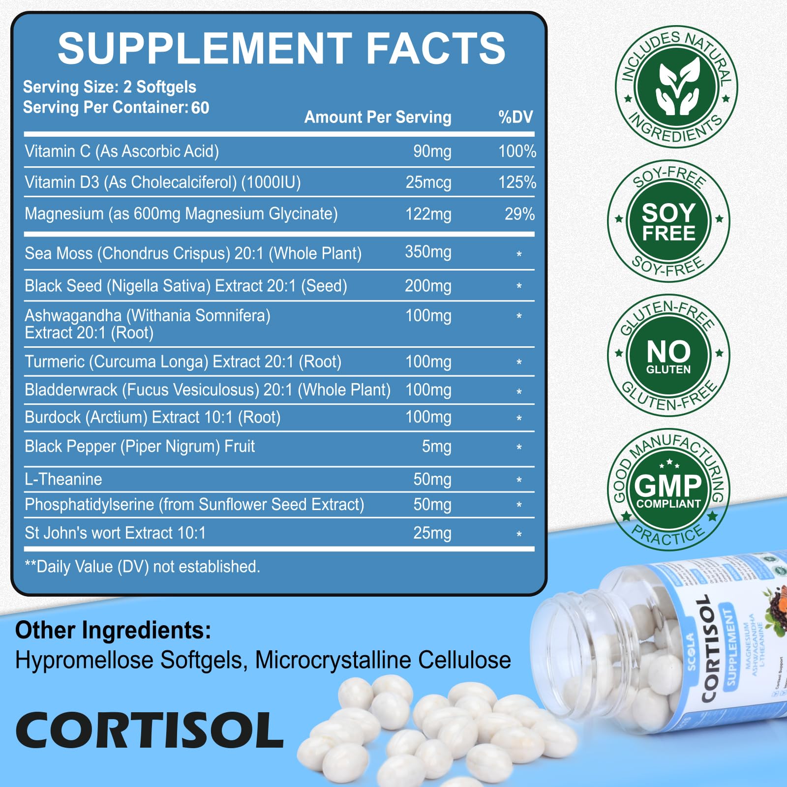SCOLA Cortisol Supplement for Women and Men with Magnesium, Ashwagandha/L-Theanine, Cortisol Detox Manager, Cortisol Reducer Supports Relaxation & Calm, Mood, Sleep, 120 Count SCOLA uk supplements