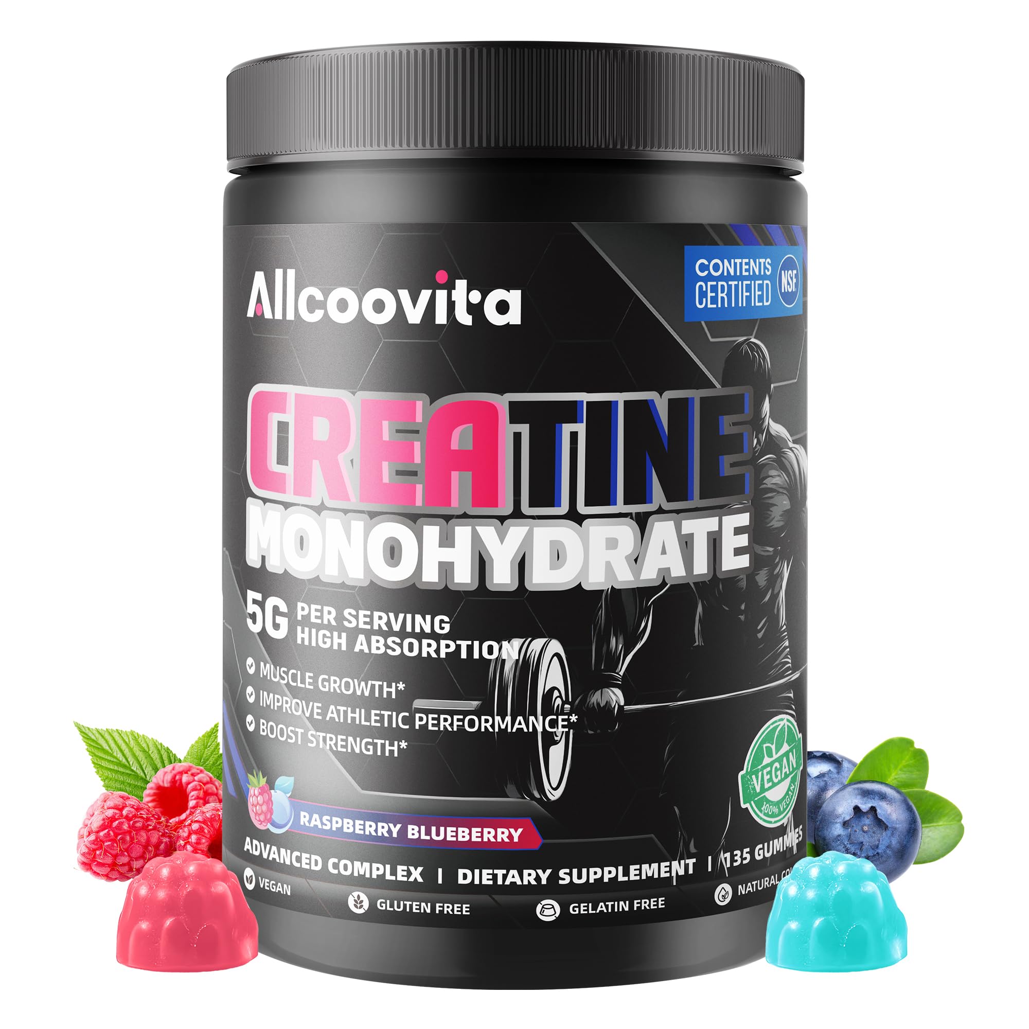 NSF Certified Creatine Gummy 5g - Creatine Monohydrate Gummies for Men & Women. Boost Focus,Strength, and Endurance, Anti-Melting Formula, Vegan, Gluten-Free, Non-GMO,(Raspberry & Blueberry 135 ct) Allcoovita uk supplements