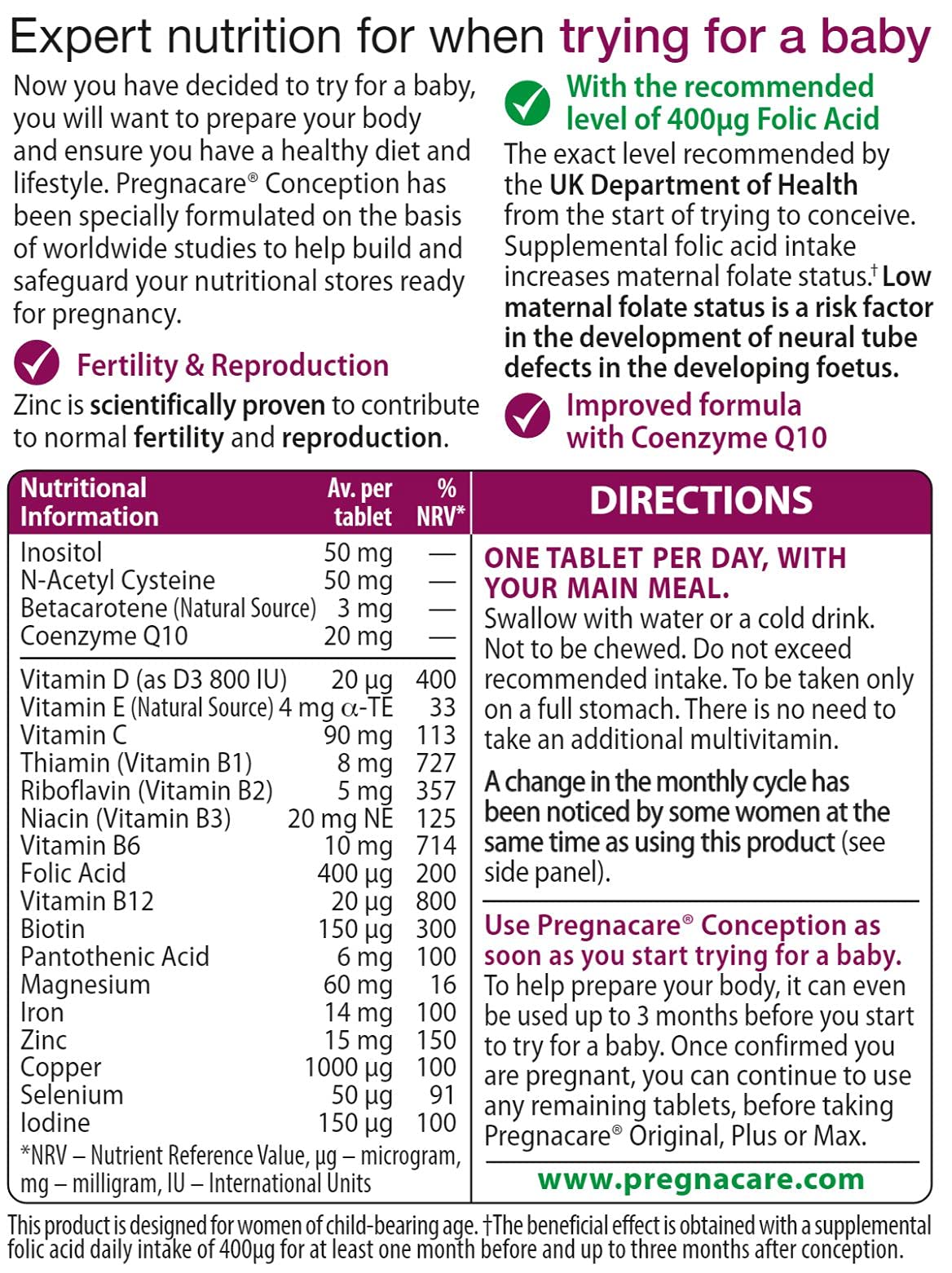 Pregnacare Conception Tablets, Pack of 30, 30 Count Pregnacare uk supplements