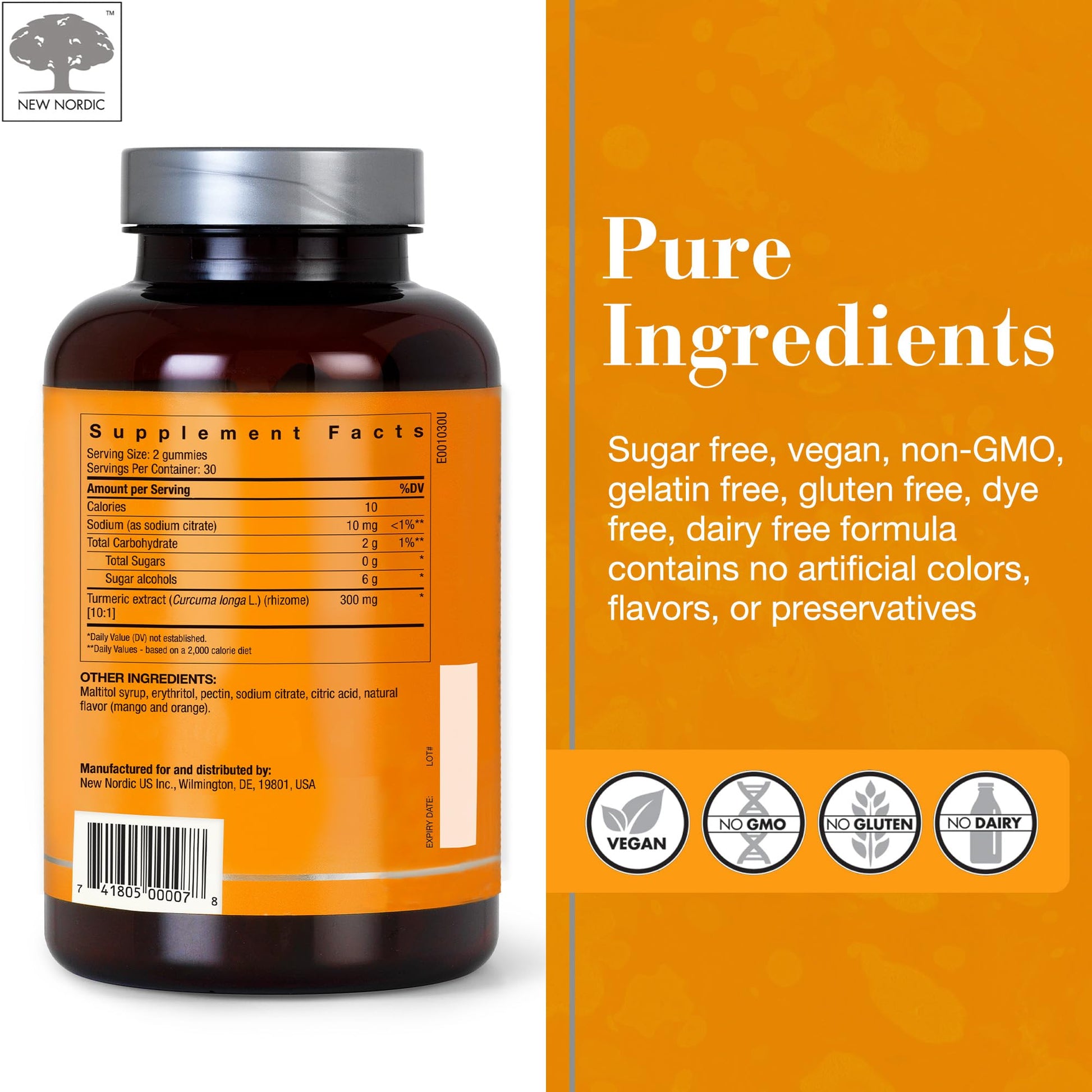 NEW NORDIC Turmeric Curcumin Gummies, Sugar Free, 300 mg Turmeric Supplement for Men and Women, Supports Normally Functioning Joints, Knees, Shoulders, Mango Orange, 60 Count NEW NORDIC uk supplements