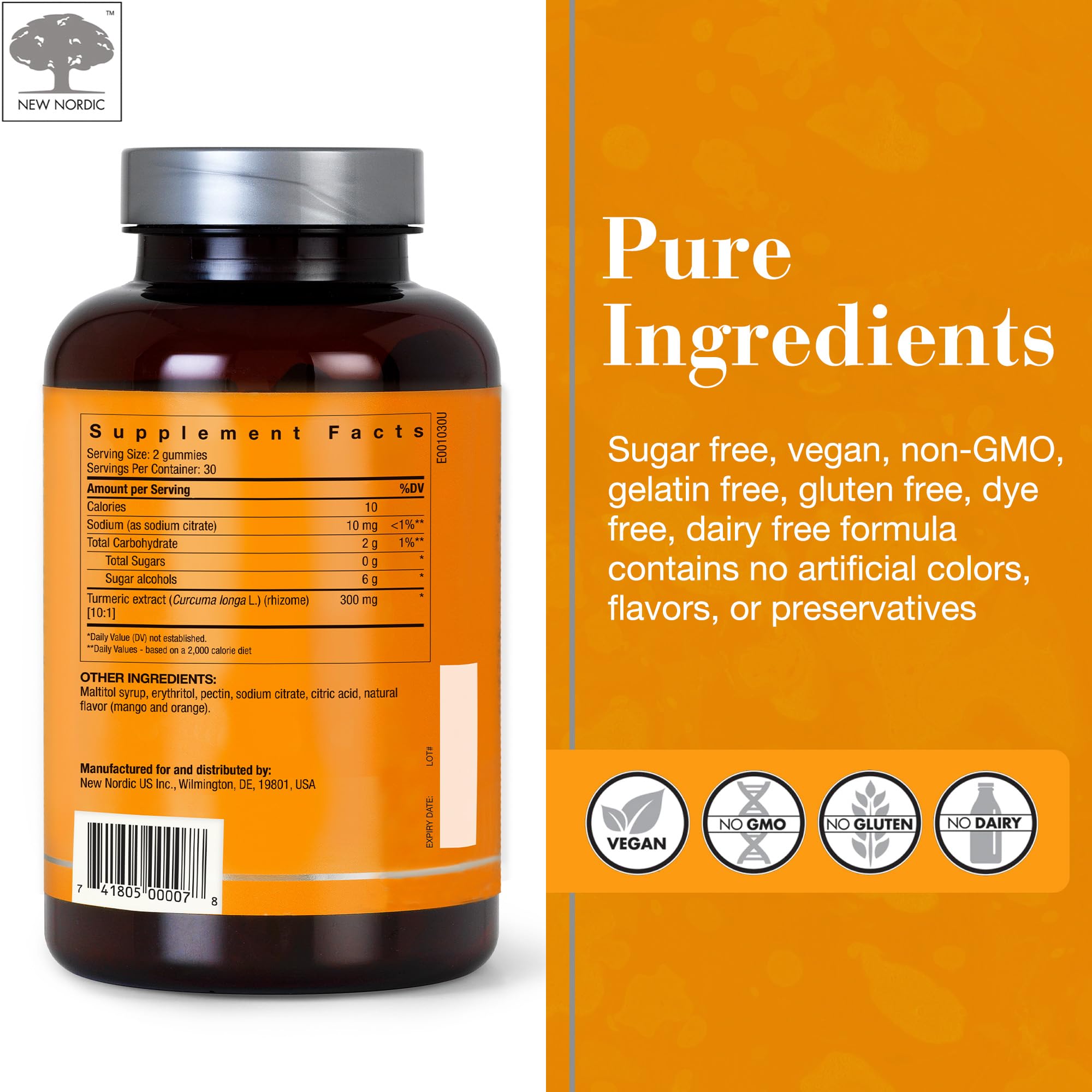NEW NORDIC Turmeric Curcumin Gummies, Sugar Free, 300 mg Turmeric Supplement for Men and Women, Supports Normally Functioning Joints, Knees, Shoulders, Mango Orange, 60 Count NEW NORDIC uk supplements