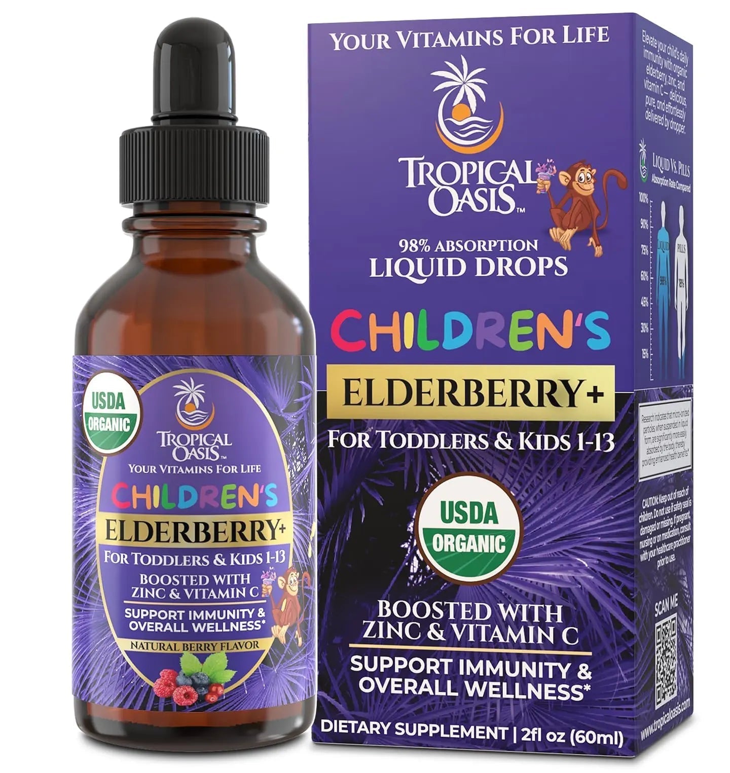 Tropical Oasis USDA Organic Liquid Vitamin Drops with Elderberry, Vitamin C and Zinc for Toddlers & Kids | Sugar Free | Vegan | Non-GMO | 2 Fl Oz Tropical Oasis uk supplements