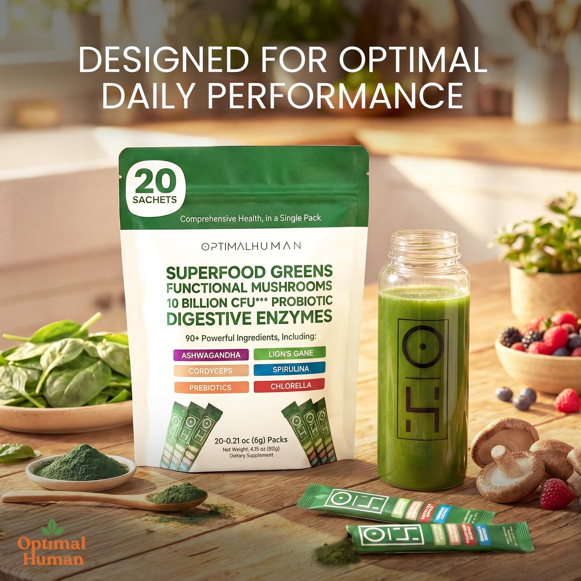 Optimal Human Superfood Greens Powder – 90+ Ingredient Blend with Lion’s Mane Supplement, Ashwagandha & Turmeric – Non-GMO, Soy-Free, Mushroom Supplements for Women – 20 Sachets O H uk supplements