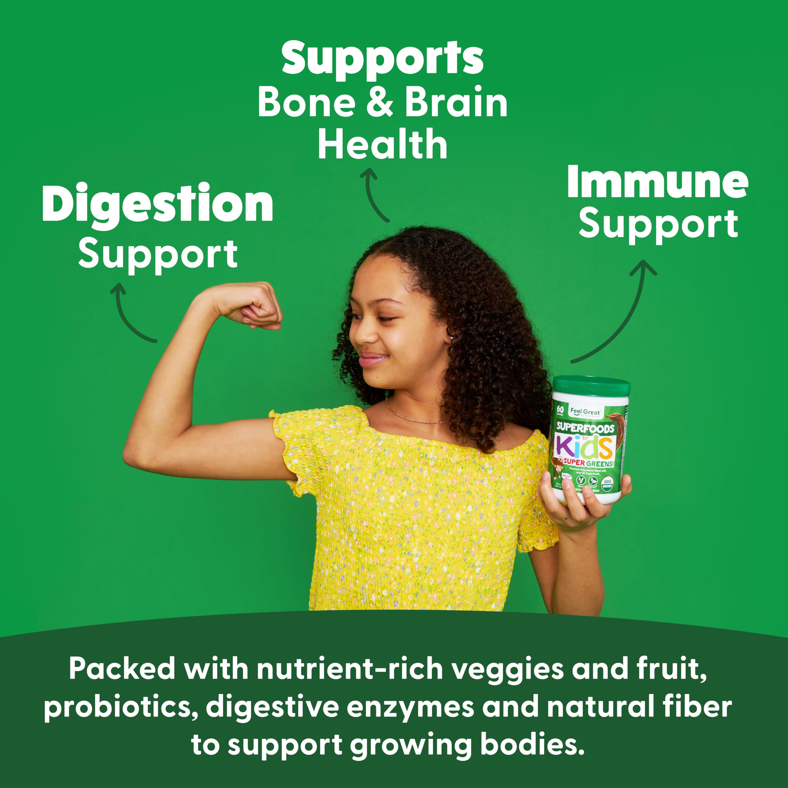 Feel Great USDA Organic Super Greens Powder for Kids - Cocao Chocolate | Fruit & Veggie Supplement | Superfood Powder with Probiotics & Digestive Enzymes for Digestive Health | 60 Days Supply The Feel Great Vitamin Company uk supplements