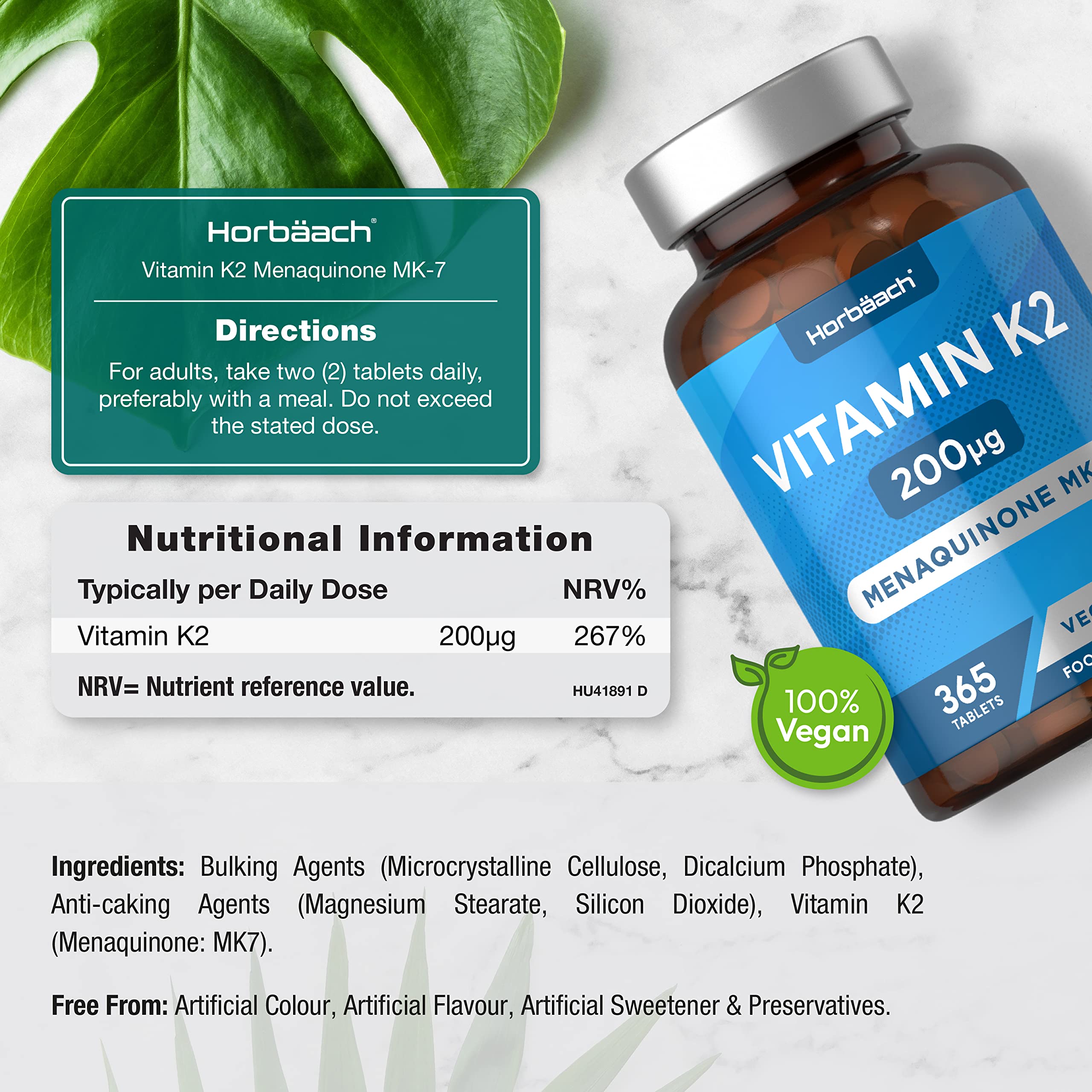 Vitamin K2 MK7 200ug | 365 Vegan Tablets | High Strength Menaquinone MK-7 Horbäach uk supplements