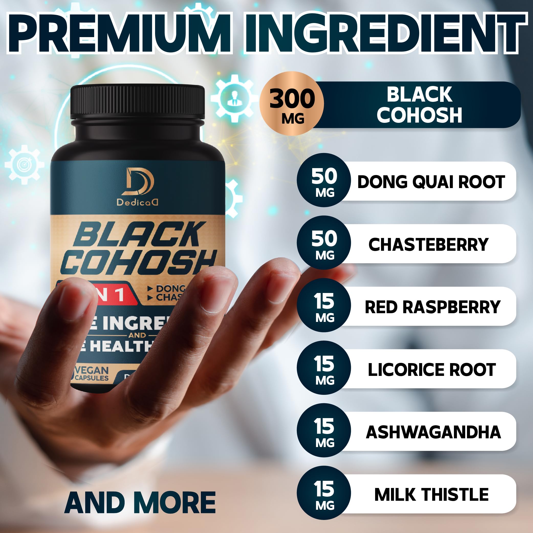 DEDICAD Black Cohosh Supplement - 3 Months for Menopause & Immune Health - Blend of 12 Potent Herb Includes Dong Quai, Chasteberry, Wild Yam, Red Clover, Black Pepper & Others - 90 Vegan Capsules DEDICAD uk supplements