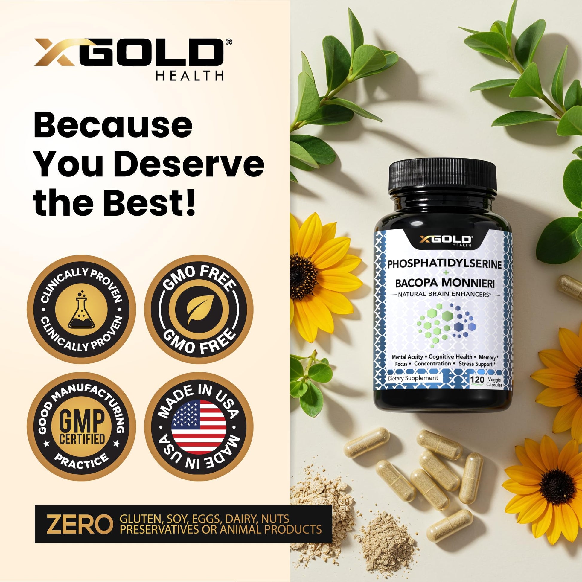 PhosphatidylSerine & Bacopa Monnieri 800 mg 2 in 1 Supplement - Natural Brain Enhancer/Nootropic for Enhanced Focus and Concentration, Memory Support, & Cognitive Function - 120 Vegetarian Capsules X Gold Health uk supplements