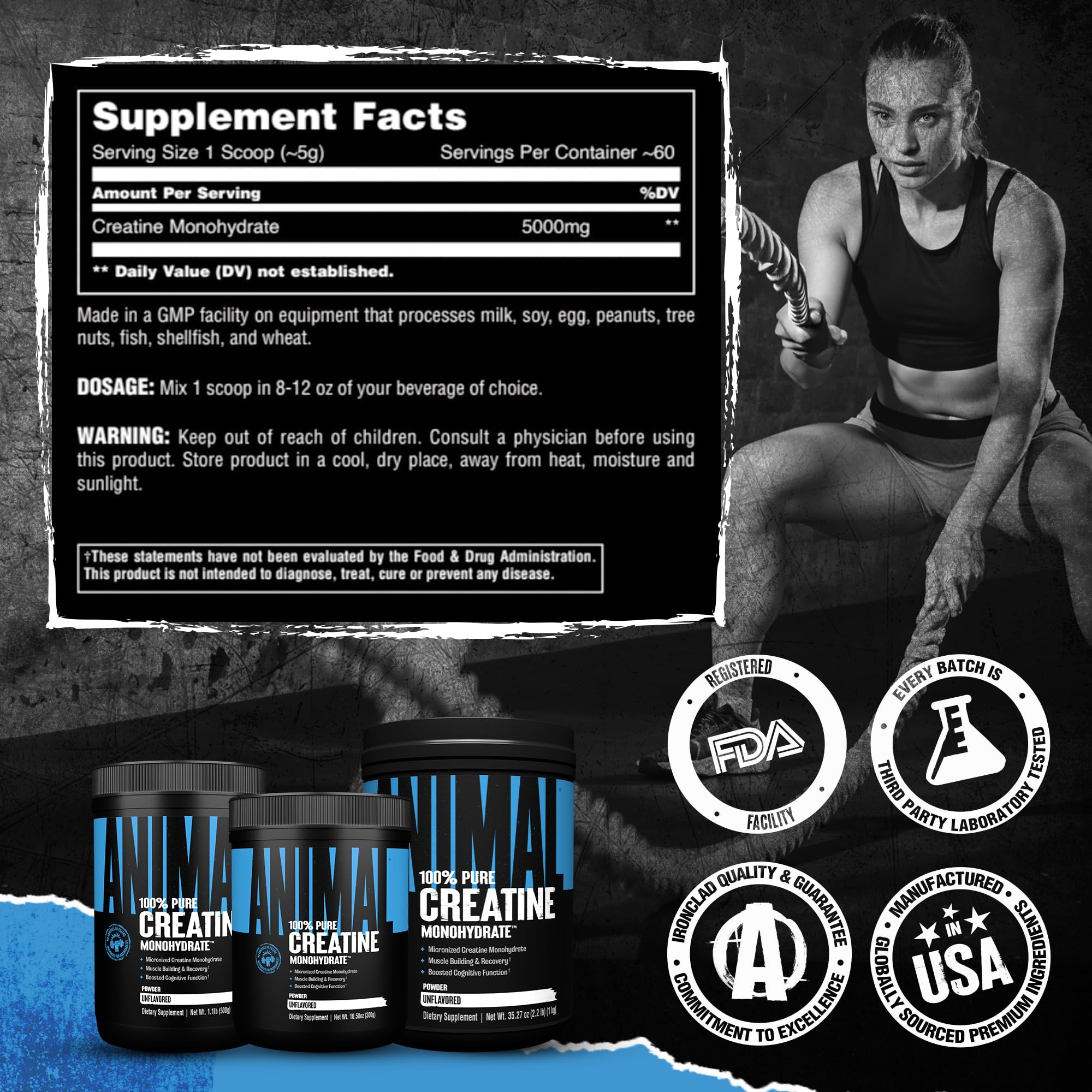 Animal Creatine Monohydrate Powder – Micronized Creatine for Women and Men, Supports Muscle Growth, Strength, Endurance, Recovery and ATP Production, Gym & Workout Supplements - Unflavored, 300g Animal uk supplements