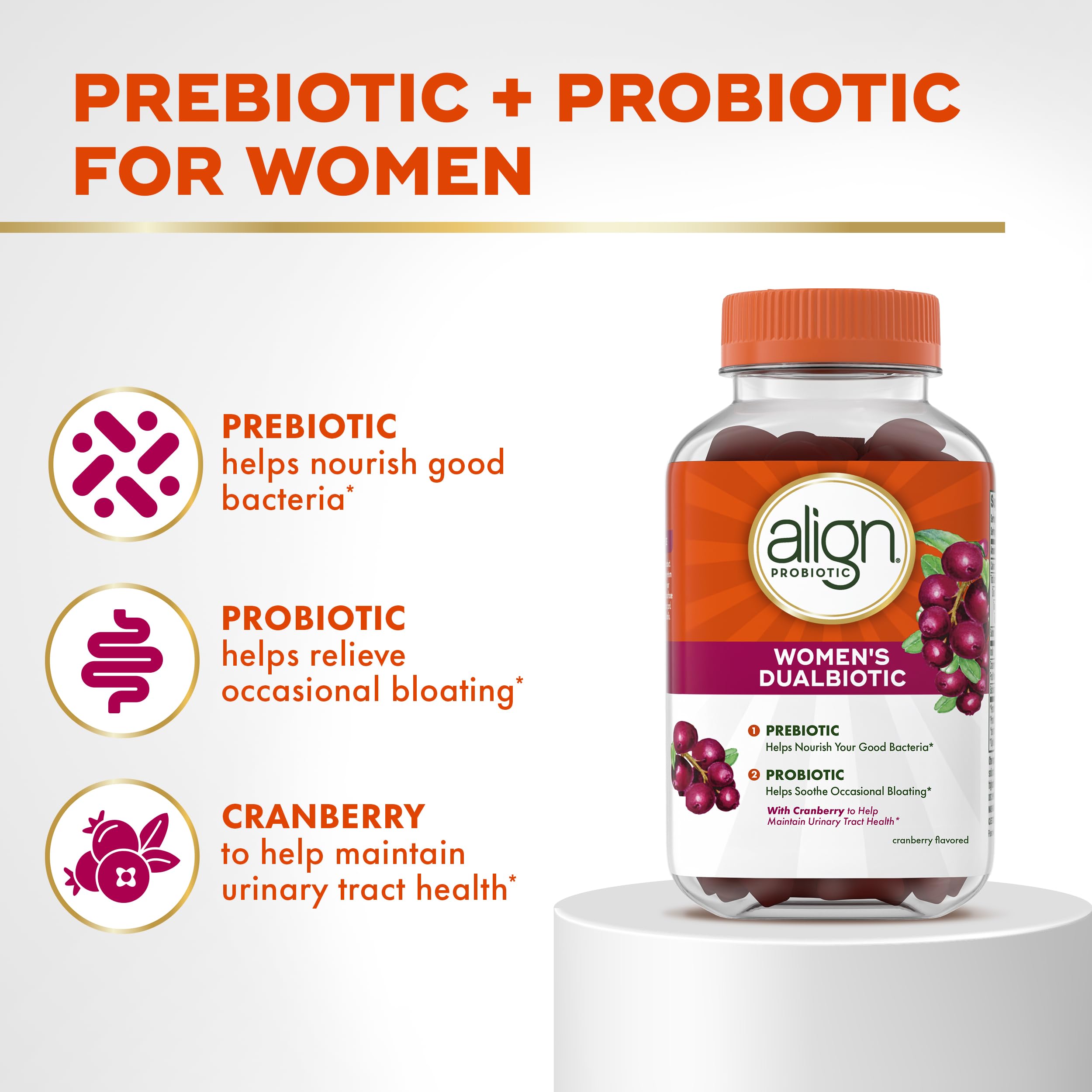 Align Probiotic, Women's Dualbiotic, Womens Probiotic Gummies, Prebiotics and Probiotics for Women, with Cranberry for Urinary Tract Health*, Cranberry Flavor, 90 Gummies Align uk supplements
