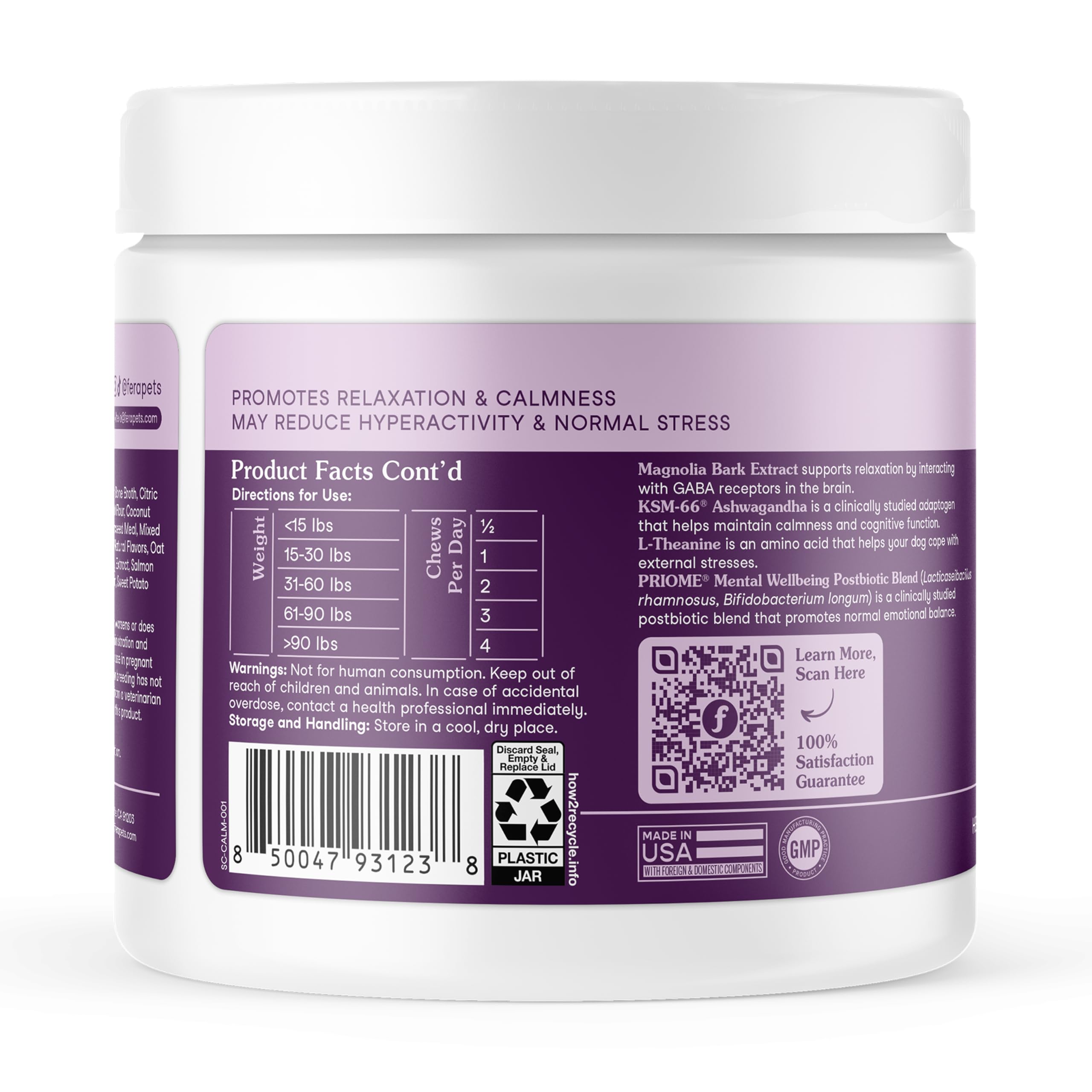 Fera Pets Dog Calming Chews - Helps Manage Everyday Stress & Separation - Promotes Relaxation - Ashwagandha & Priome® Mental Wellbeing Postbiotic Blend - 30 Soft Chews Fera Pets uk supplements