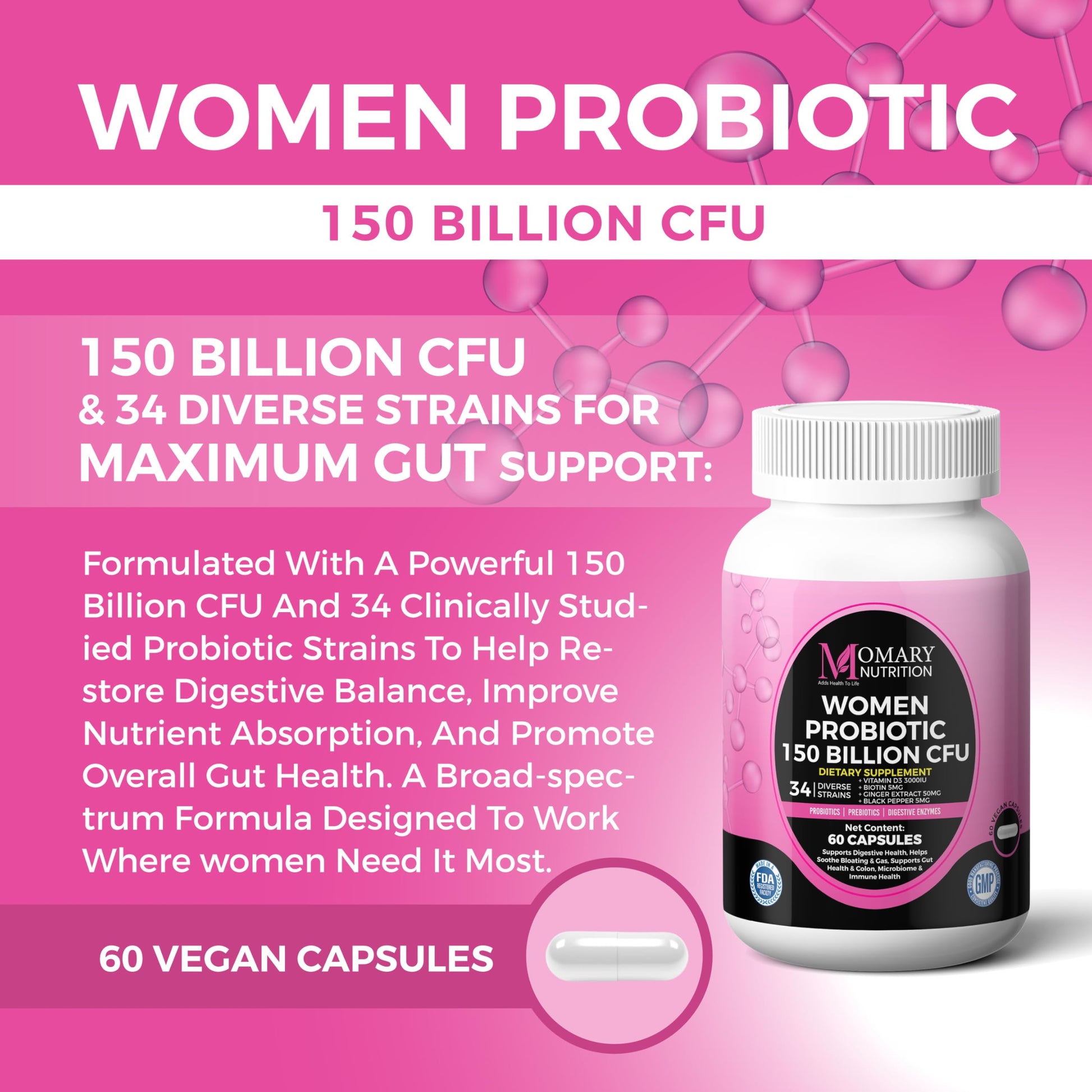 9-in-1 Bio Cultures Complex for Women – 150 Billion CFU Probiotics with 34 Diverse Strains, Organic Prebiotics, Postbiotics, Digestive Enzymes & Biotin – Supports Digestive Balance & Gut Microbiome MOMARY NUTRITION uk supplements