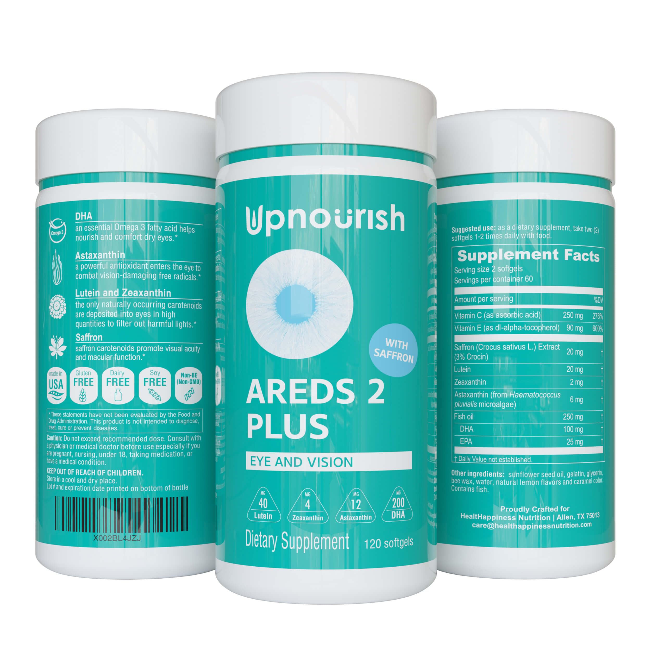 UpNourish AREDS 2 Plus Eye Vitamin Supplement, AREDS 2 Zinc Free Formula with Lutein, Zeaxanthin, Saffron, Astaxanthin & DHA - 120 softgels UpNourish uk supplements