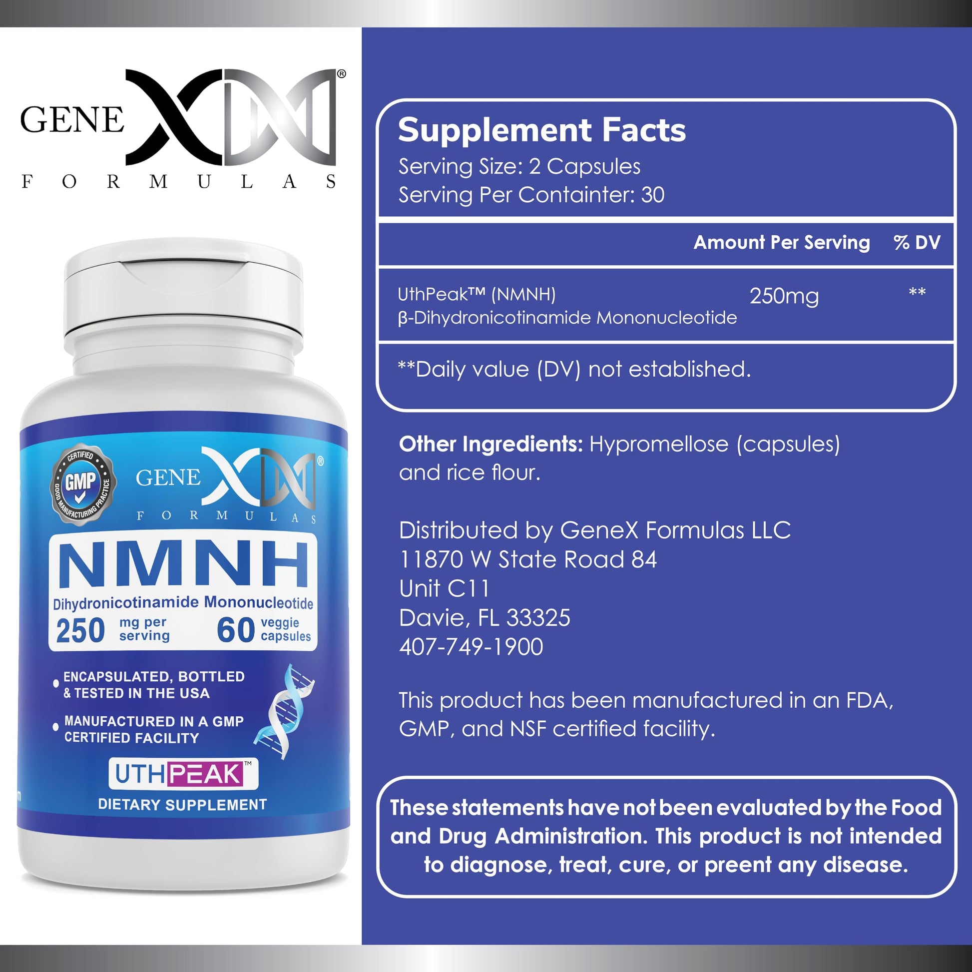 Genex Formulas 250mg NMNH (60 Capsules - 30 Servings) | Uthpeak™ NMNH (Dihydronicotinamide Mononucleotide) NAD+ Precursor for Healthy Aging - Non-GMO, Gluten-Free, Vegetarian Genex Formulas uk supplements
