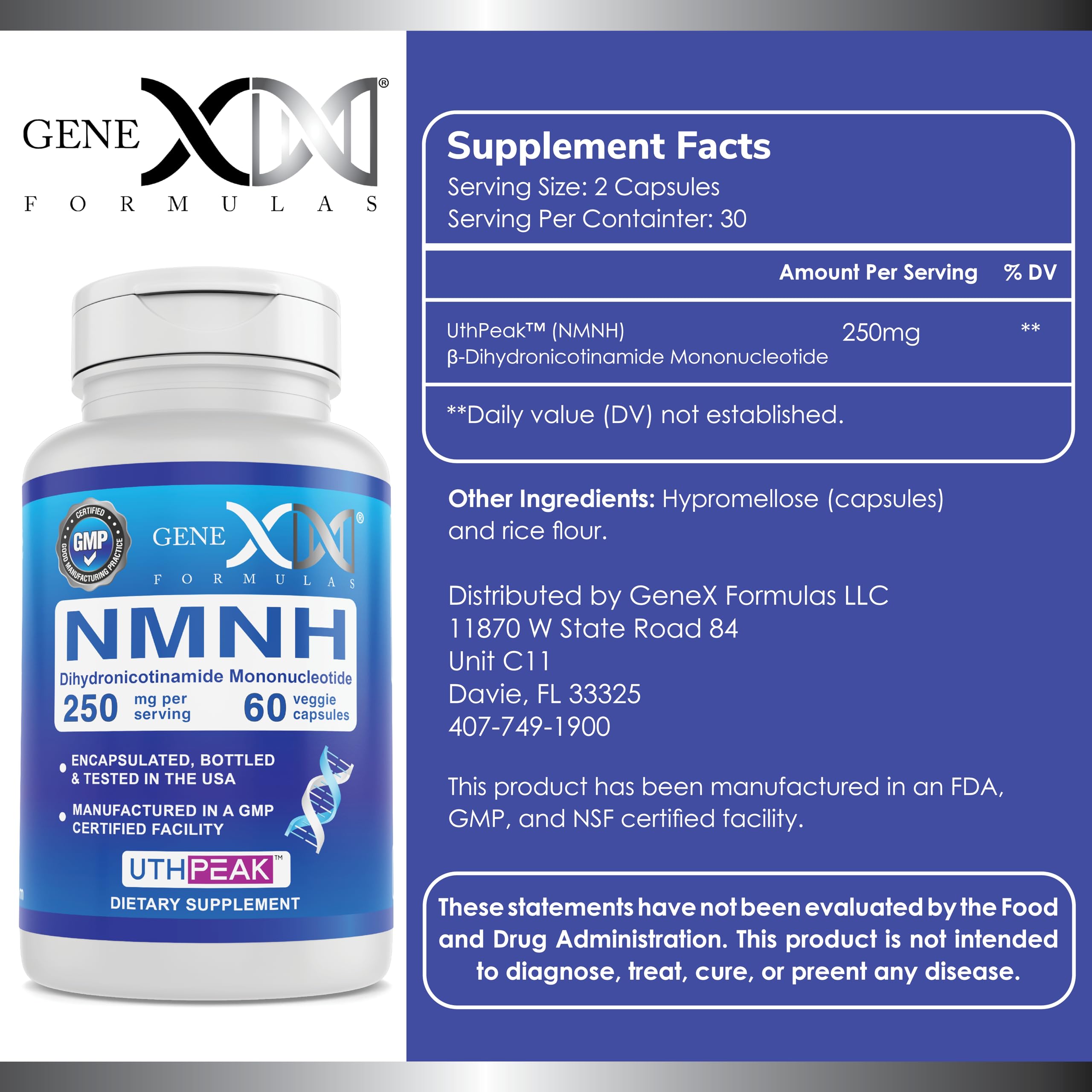 Genex Formulas 250mg NMNH (60 Capsules - 30 Servings) | Uthpeak™ NMNH (Dihydronicotinamide Mononucleotide) NAD+ Precursor for Healthy Aging - Non-GMO, Gluten-Free, Vegetarian Genex Formulas uk supplements