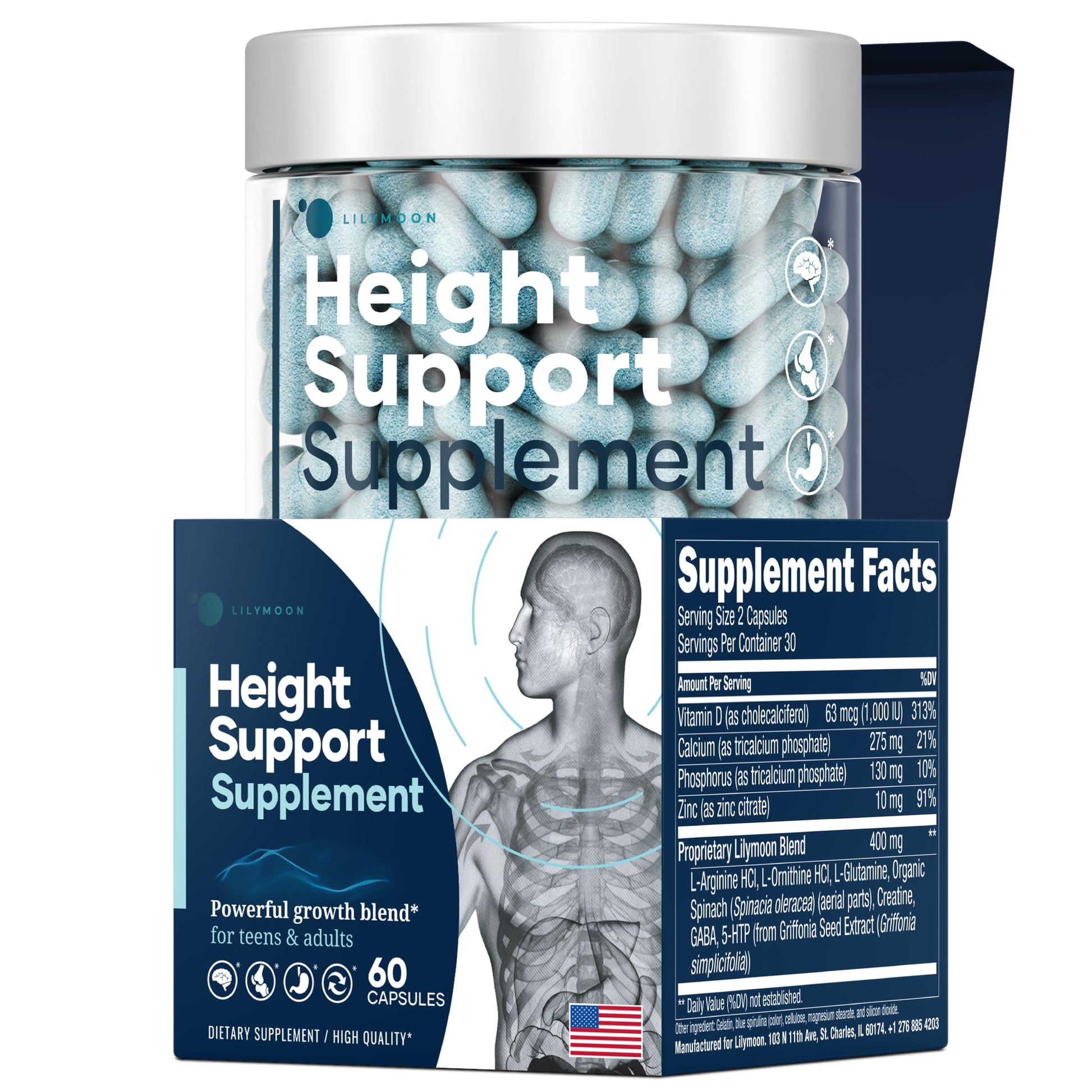 Height & Bone Support Supplement - Premium Height Growth Supplement for Kids & Teens with Calcium - Nutritional Support Bone Health Formula - Height Increase Essential Vitamins - 60 Caps LM LILYNUTRAMOON uk supplements