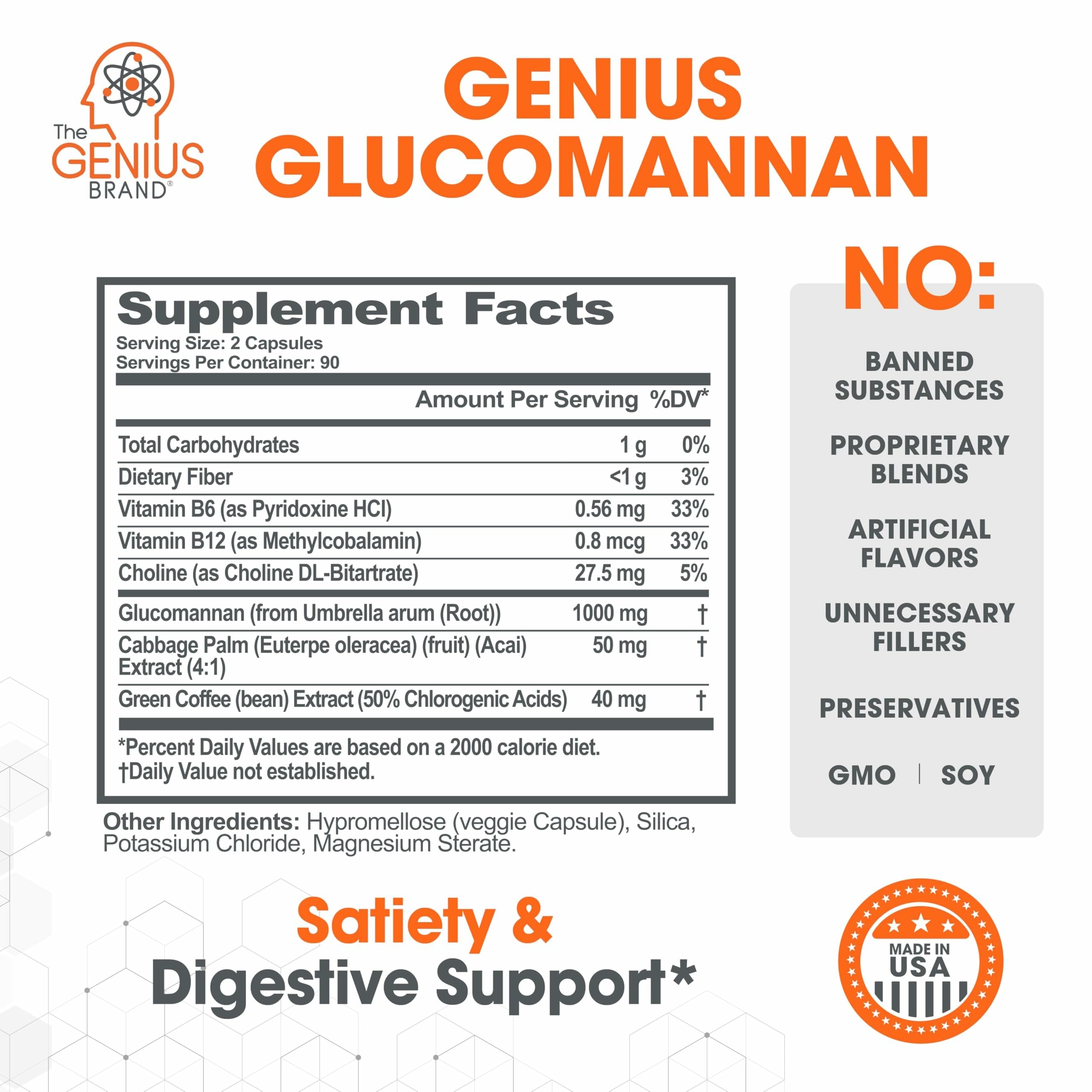 The Genius Brand Genius Glucomannan - Glucomannan Capsules for Digestive Health, Energy & Satiety Support - Natural Fiber for Stomach Comfort - Non-GMO & Vegan - 180 Veggie Capsules The Genius Brand uk supplements
