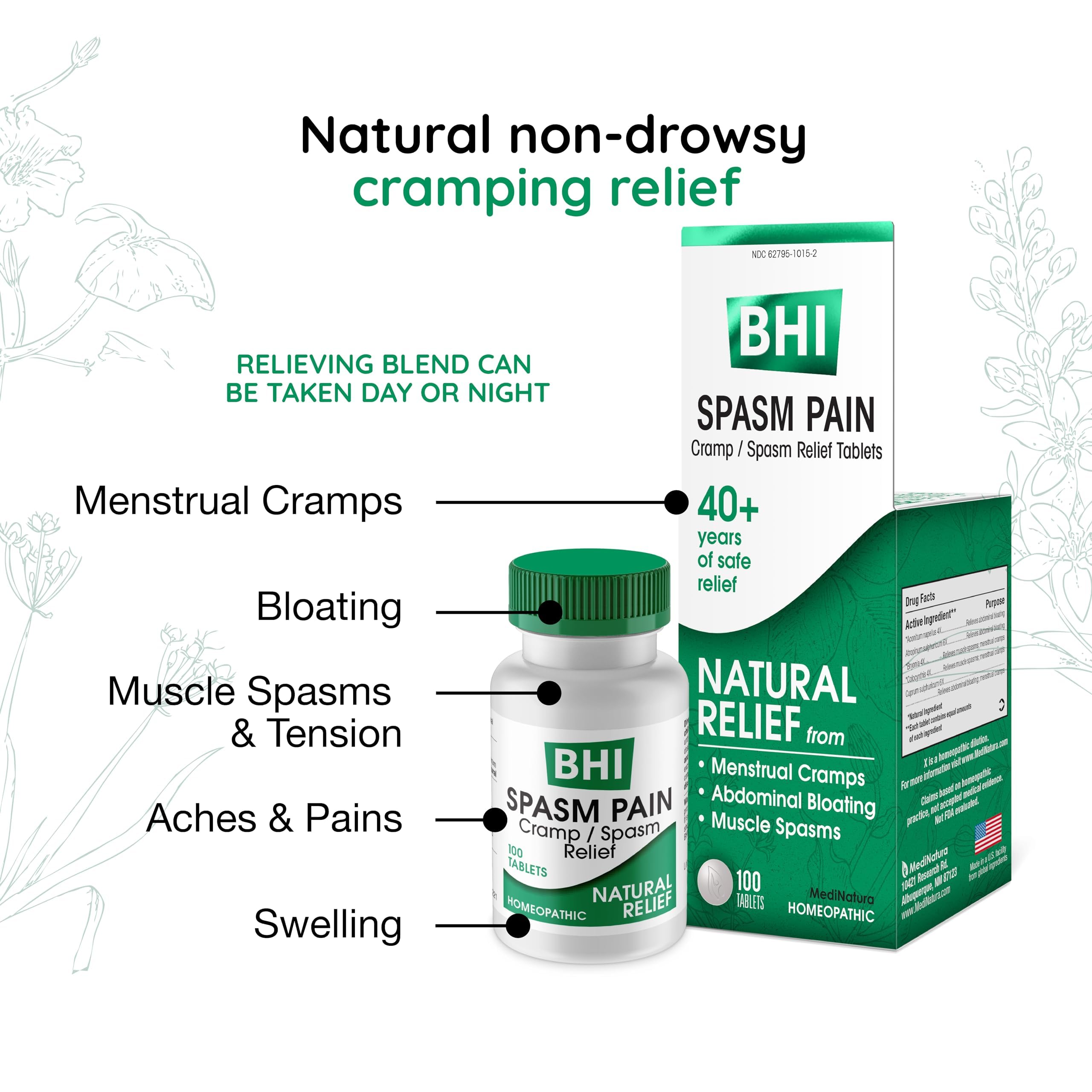 MediNatura BHI Spasm/Cramp Relief - Muscle Spasm Tablets for Full-Body Cramp Support - Menstrual Support - Non-Drowsy - Quick-Dissolve - Non-Addictive - Natural Ingredients - 100 Count MediNatura uk supplements