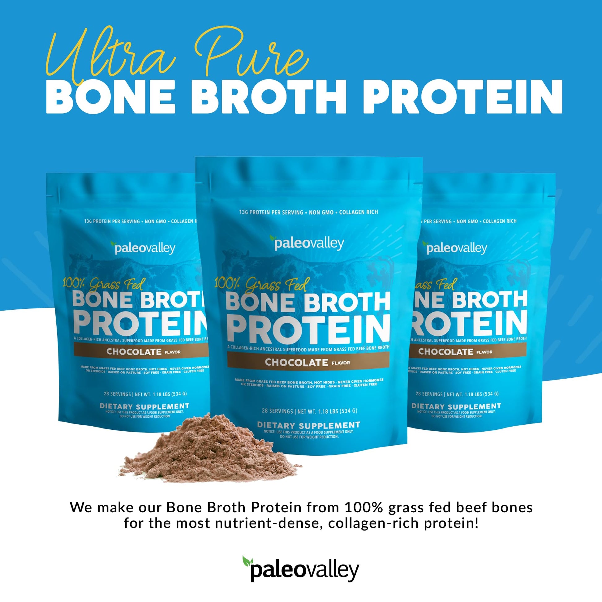 Paleovalley 100% Grass Fed Bone Broth Protein Powder - Chocolate - Rich in Collagen Paleovalley uk supplements