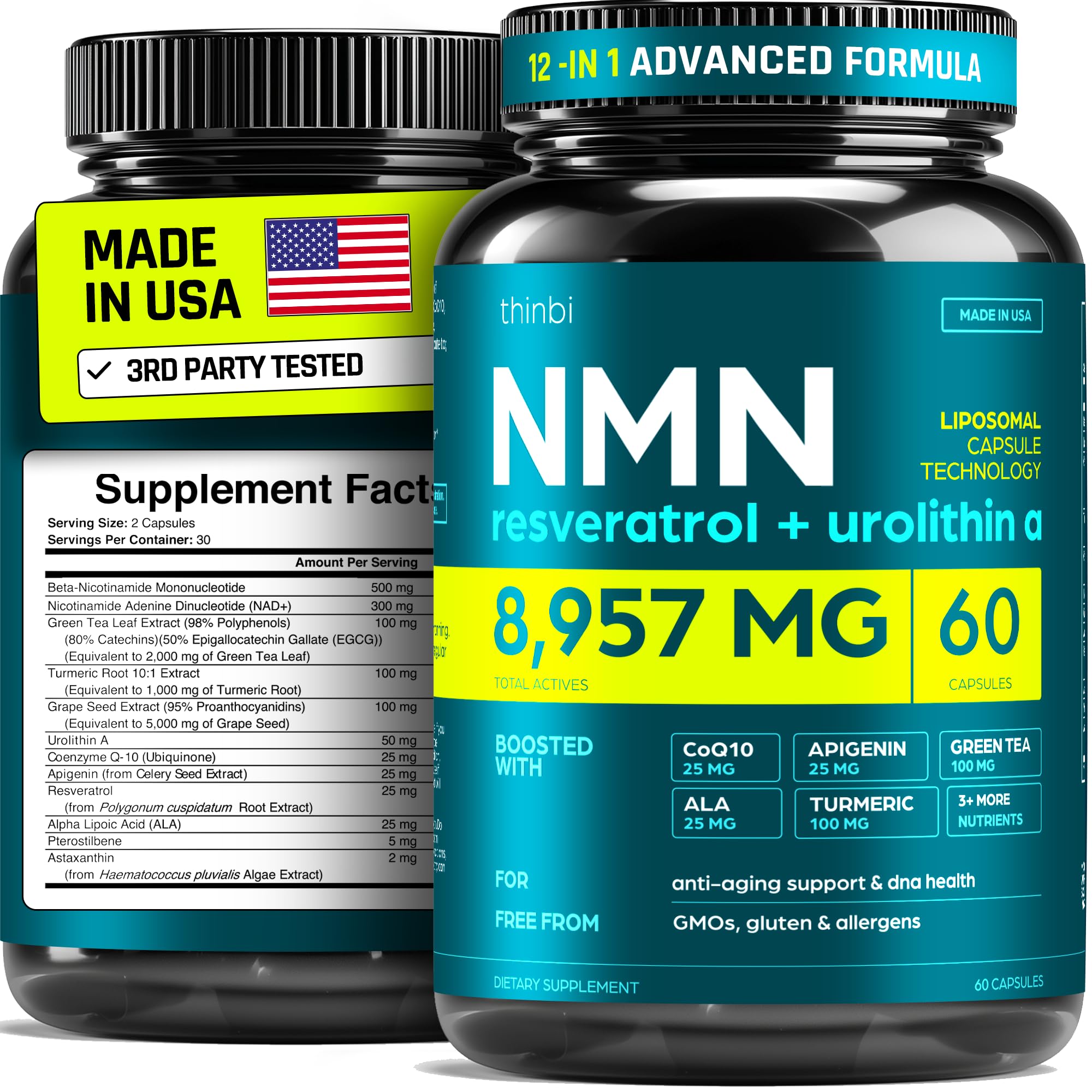 NMN Supplement 8957mg with Real NAD+ Not Just a Booster | Urolithin A, Resveratrol, CoQ10, Alpha Lipoic Acid, Green Tea Extract | Cellular Longevity & Energy Support for Men & Women Thinbi uk supplements