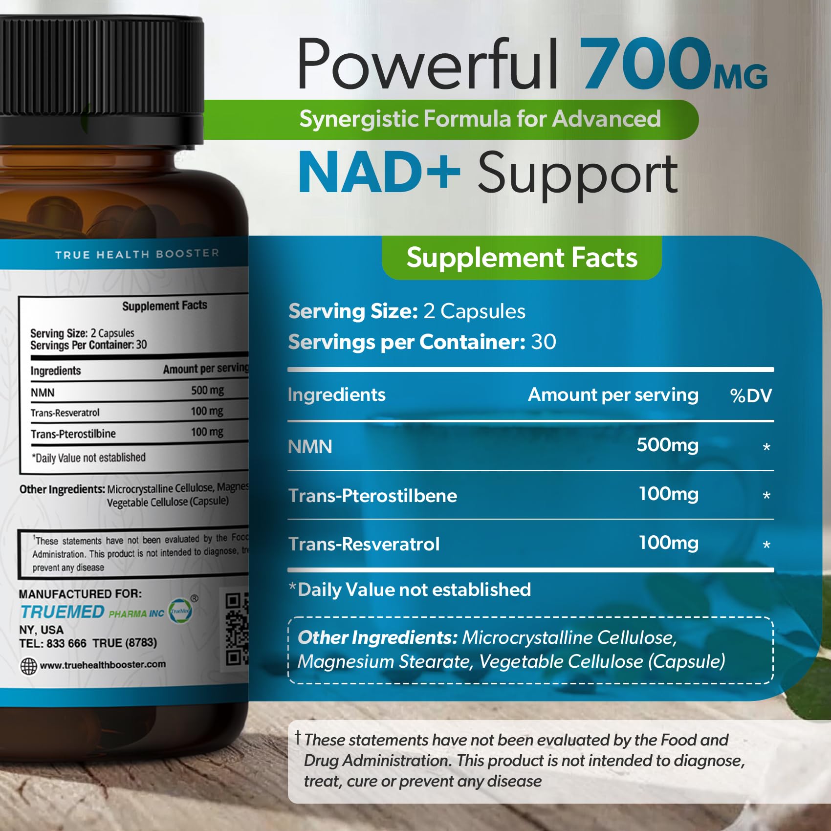 TRUEMED NMN Synergy+ 700mg – Premium NMN Supplement with Resveratrol & Pterostilbene | Advanced NAD+ Supplement for Cellular Energy, & Wellness Support | Non-GMO, Vegan, 60 Capsules TRUEMED uk supplements