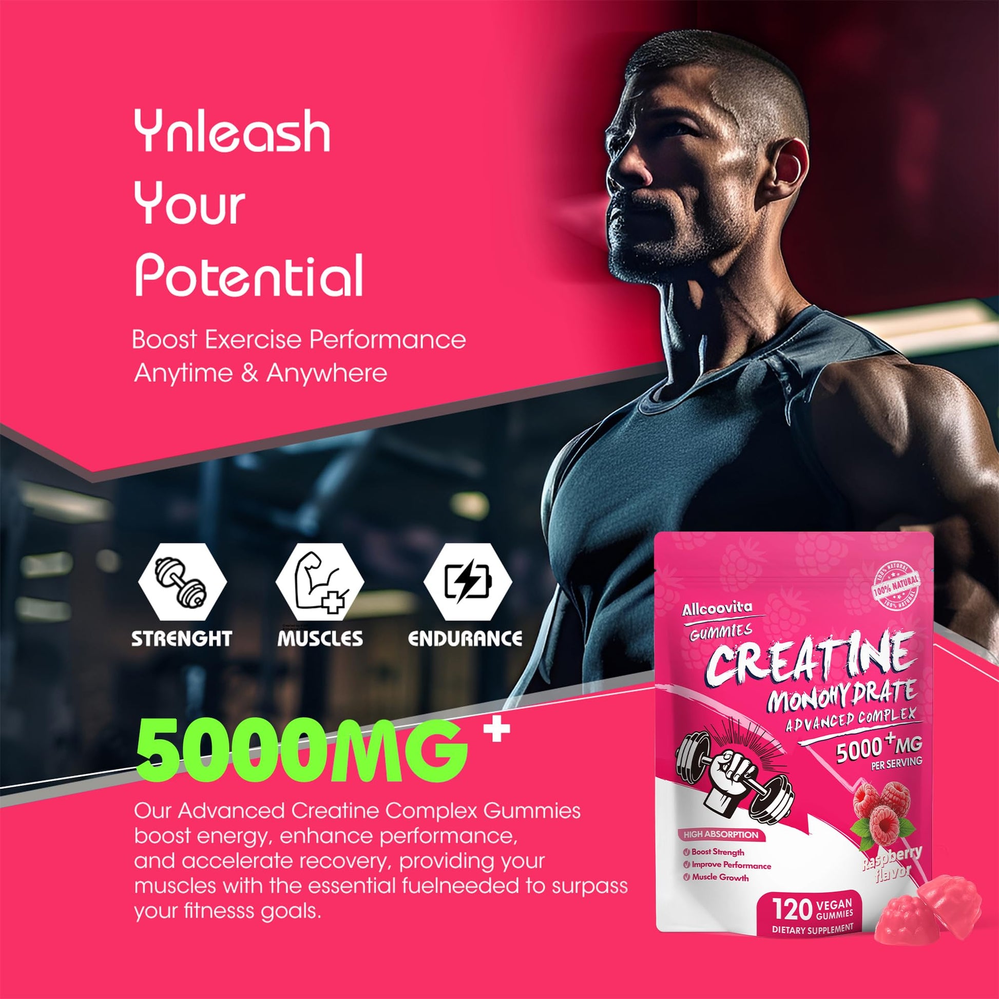 NSF Certified Creatine Gummy - Creatine Monohydrate Gummies 5000mg for Men & Women -120 Gummies Advanced Formula, Muscle Strength, Muscle Builder, Energy Boost, Pre-Workout Supplement-Raspberry Allcoovita uk supplements