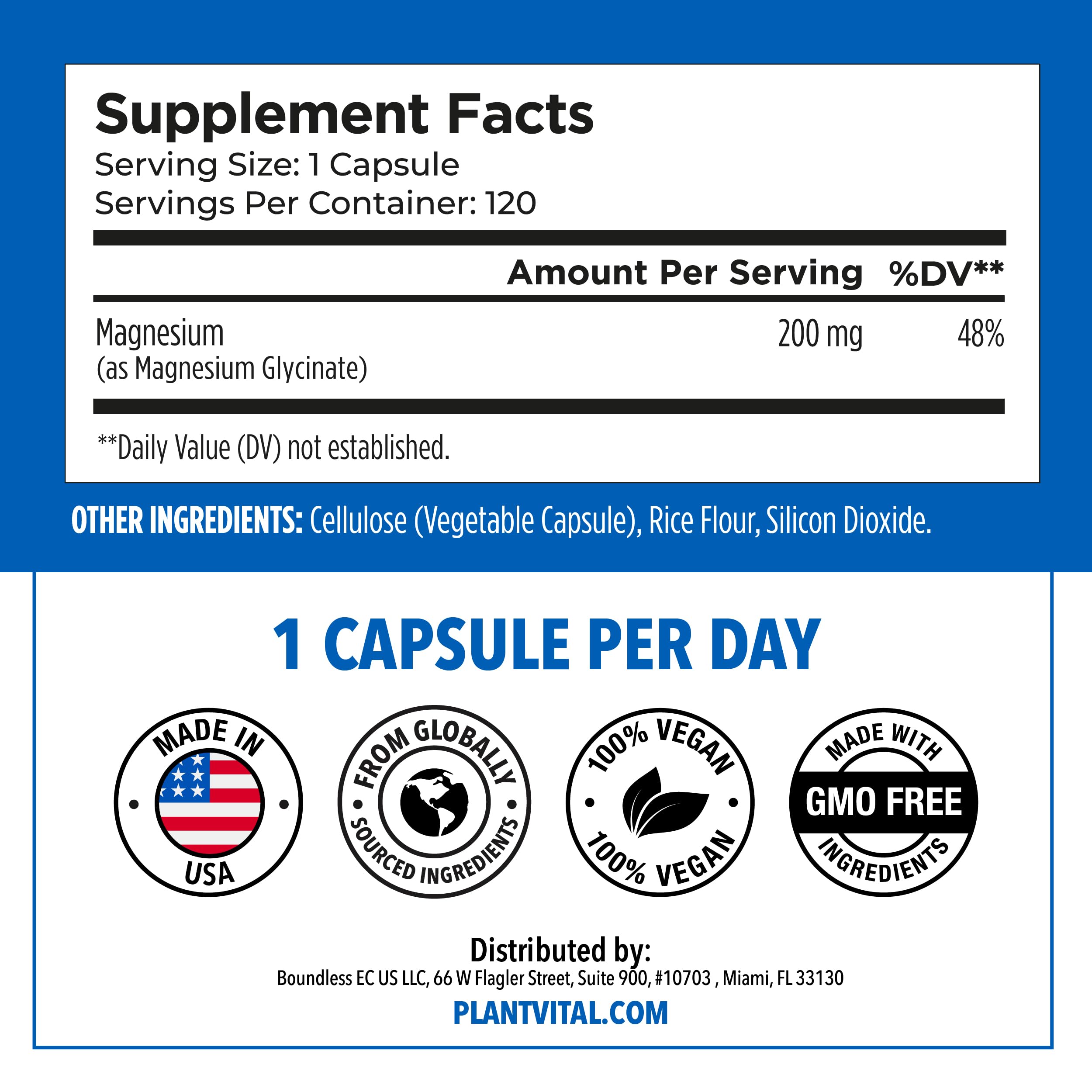 PlantVital Magnesium Glycinate 200mg - Supports Restful Sleep, Muscle & Nerve Function, Normal Heart & Bone Health - Feel Calm & Relax - Vegan, Third Party Tested, Gluten Free, Non-GMO - 120 Capsules Plantvital uk supplements