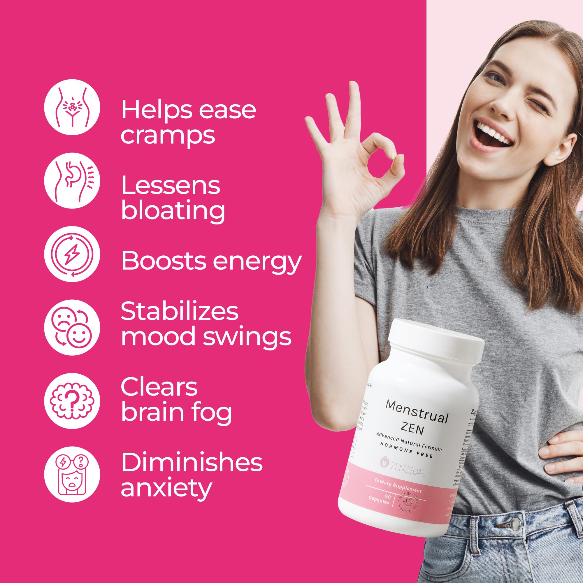 ZENZSUAL Menstrual Zen Natural and Hormone-Free Supplement – Support for Menstrual Cramps, Mood Swings and Period Pain – Diuretic Effect (90 Capsules / 2.7 Oz) ZENZSUAL uk supplements