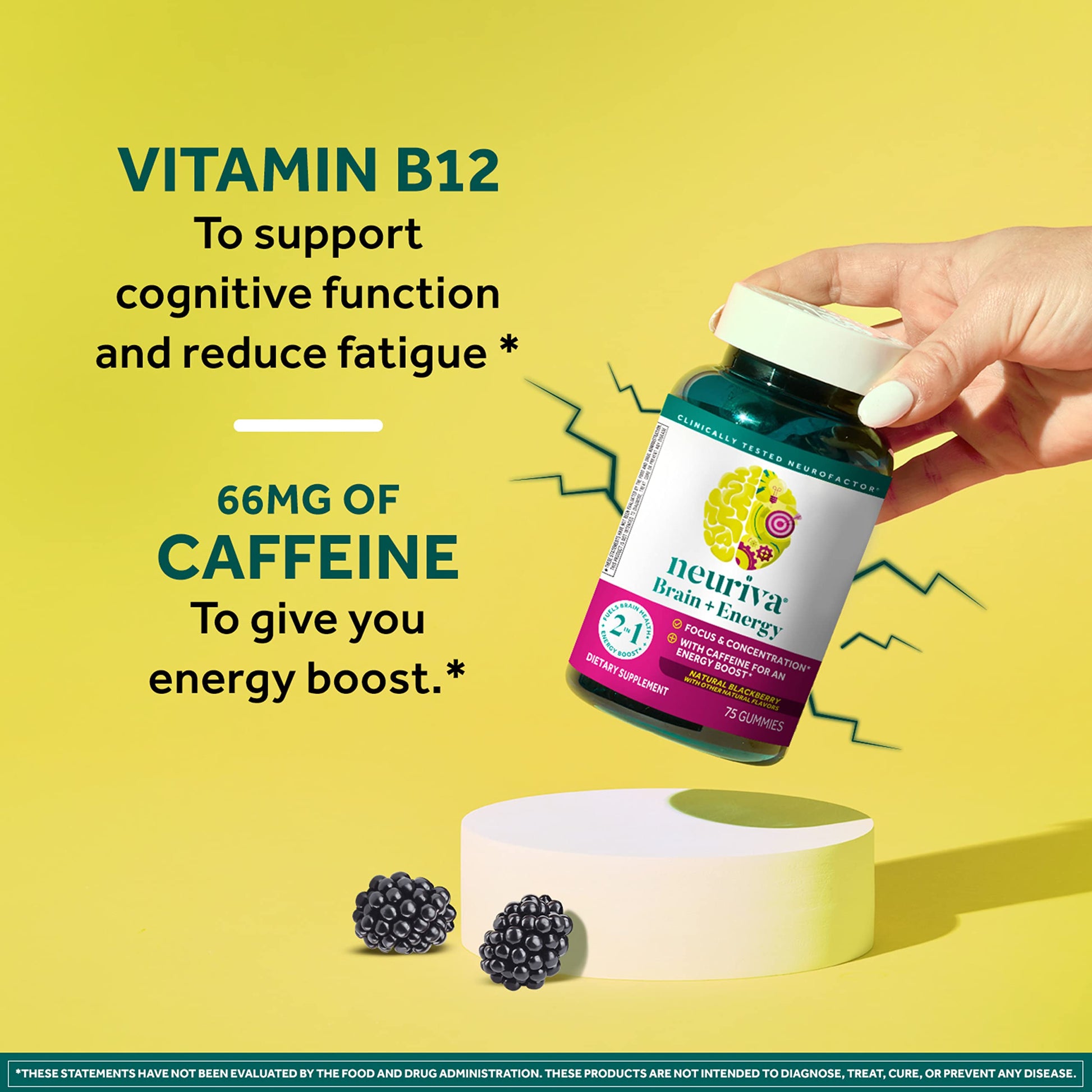 NEURIVA Brain + Energy Gummies, Nootropic Brain Supplements for Focus and Concentration with Neurofactor, Vitamin B12 & Caffeine for an Energy Boost*, 75ct Natural BlackBerry NEURIVA uk supplements