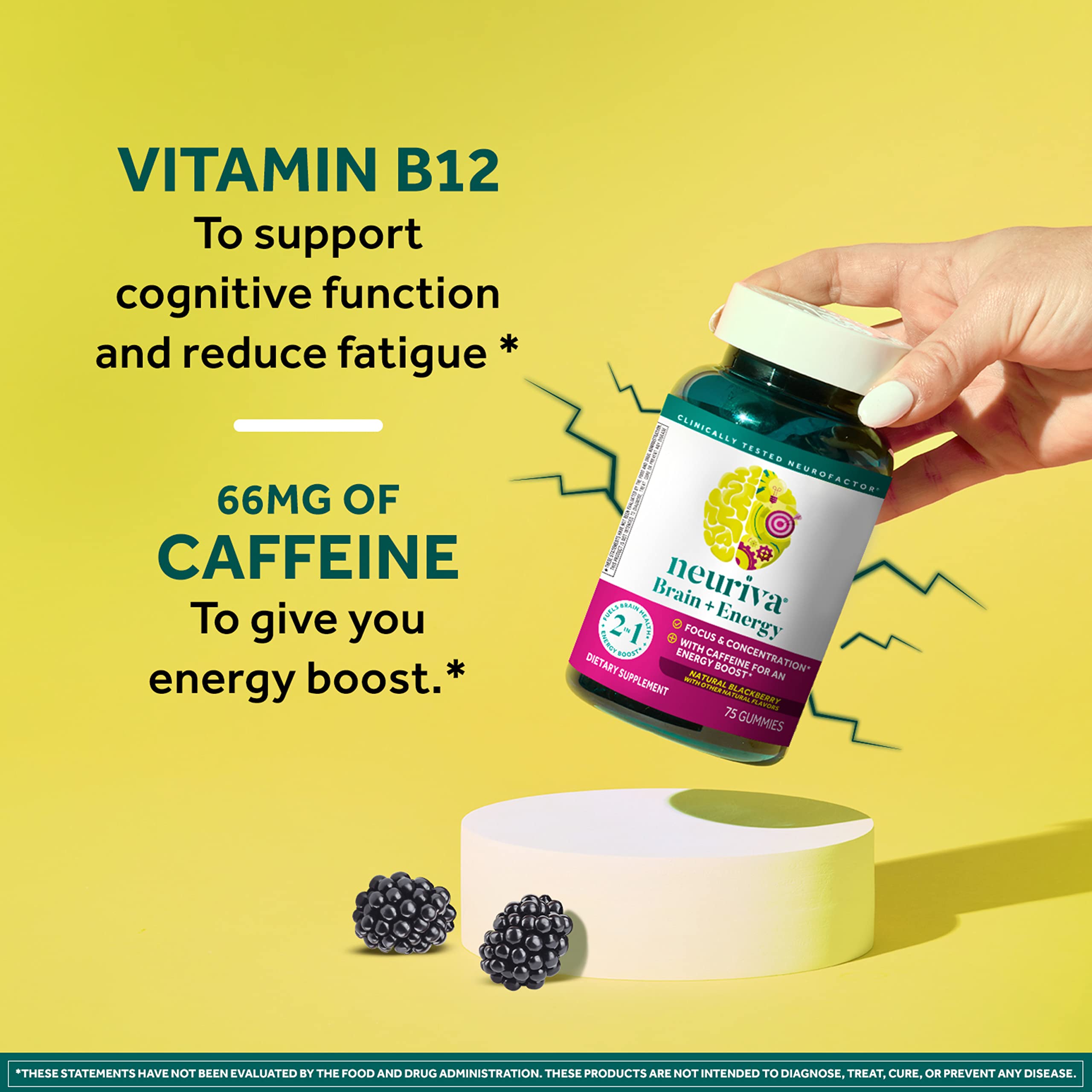 NEURIVA Brain + Energy Gummies, Nootropic Brain Supplements for Focus and Concentration with Neurofactor, Vitamin B12 & Caffeine for an Energy Boost*, 75ct Natural BlackBerry NEURIVA uk supplements