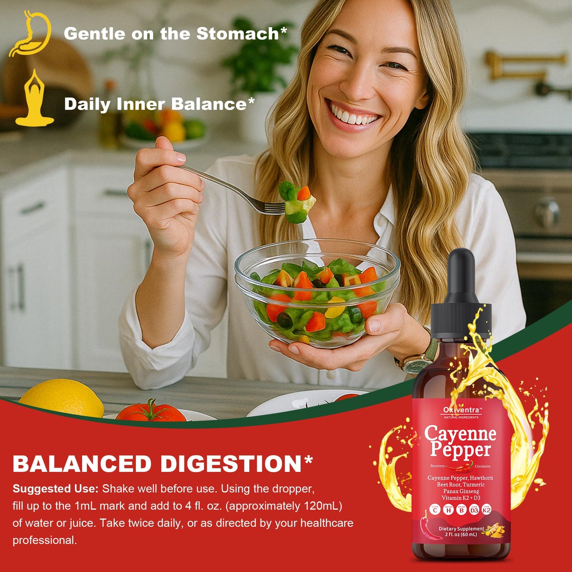 Cayenne Pepper Drops Liquid Supplement Smooth & Sweet Herbal Liquid + Hawthorn Berry, Vitamin D3 K2 Beet Root Powder, Ceylon Cinnamon, Turmeric Curcumin, Organic Panax Ginseng - 2fl oz Oxiventra uk supplements