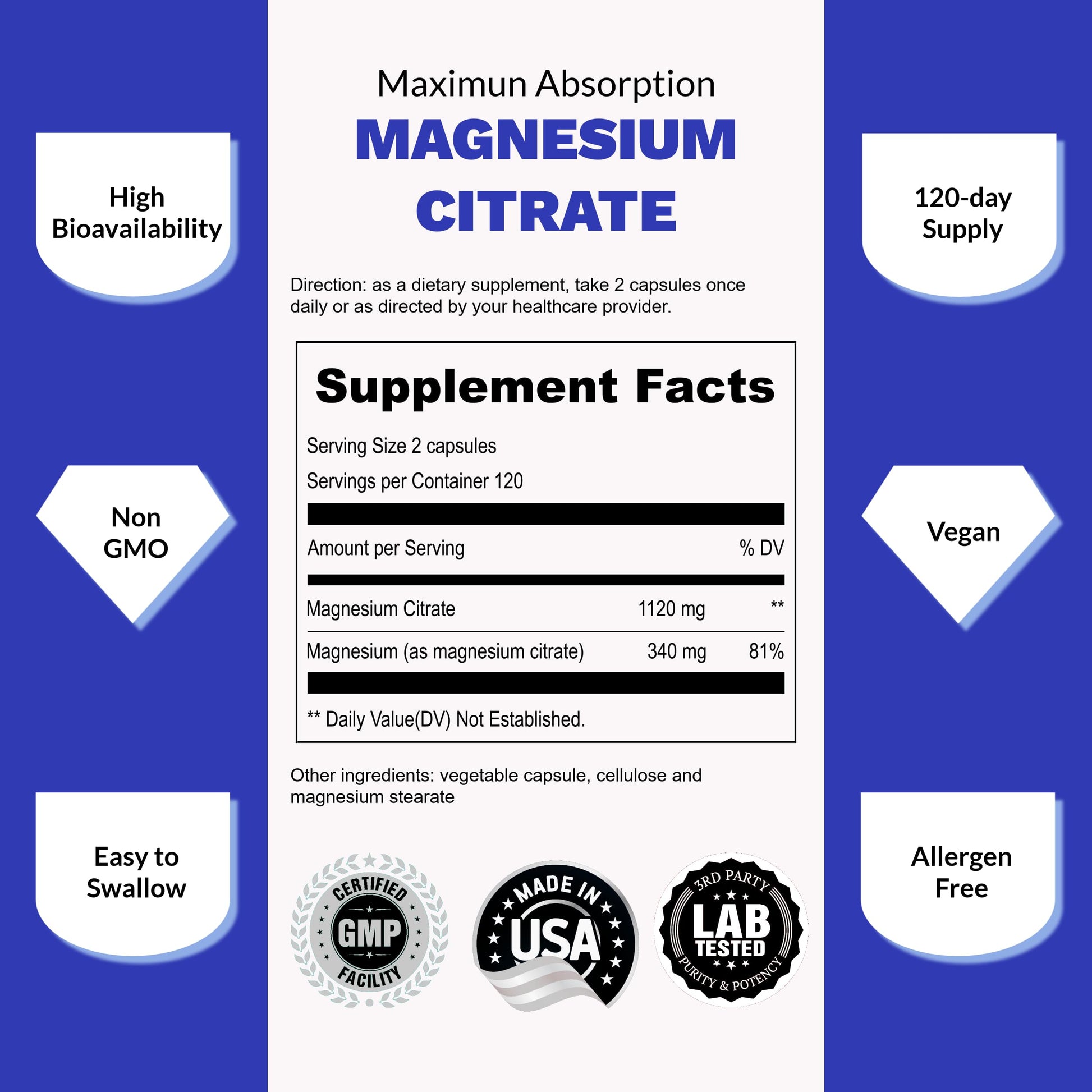 UpNourish Pure Magnesium Citrate (Citrato de Magnesio) 1120mg, 240 Capsules UpNourish uk supplements