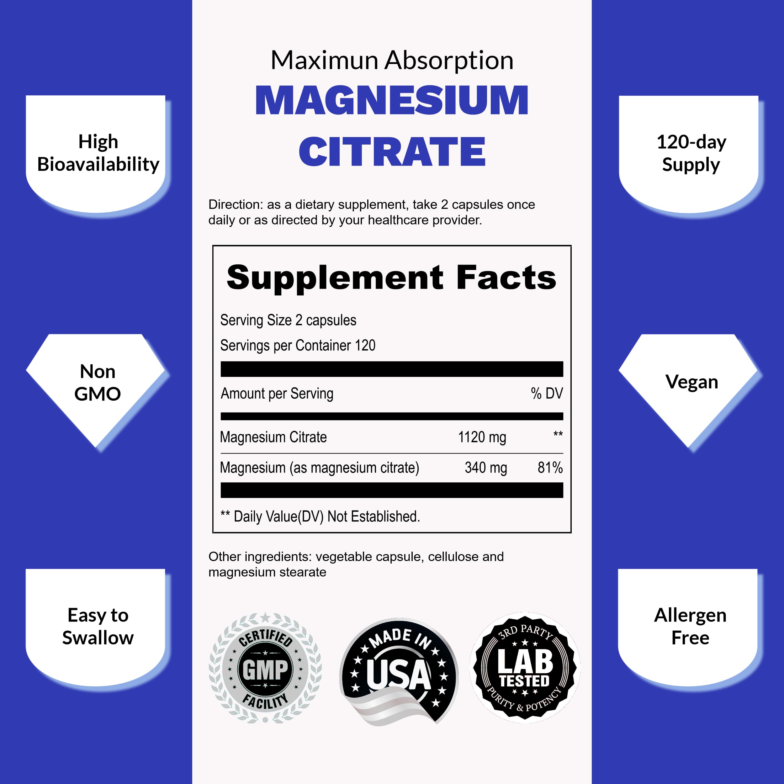 UpNourish Pure Magnesium Citrate (Citrato de Magnesio) 1120mg, 240 Capsules UpNourish uk supplements