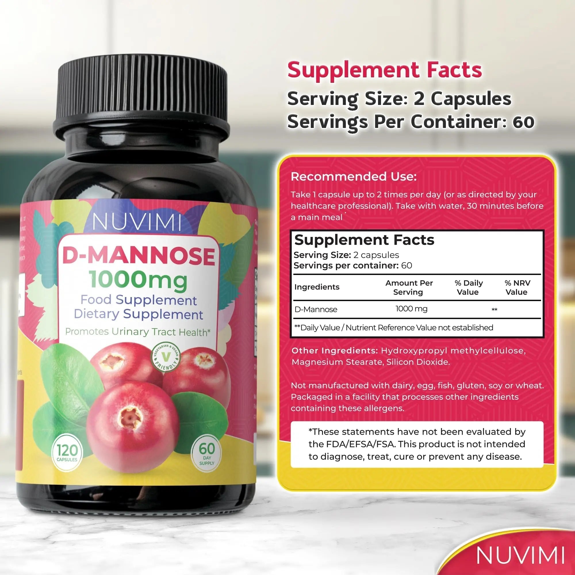 NUVIMI D Mannose 120 Capsules - 1000 mg per Dose - Dietary Supplement Helps Promote Urinary Tract Health - Natural Vegan UTI Defense NUVIMI uk supplements