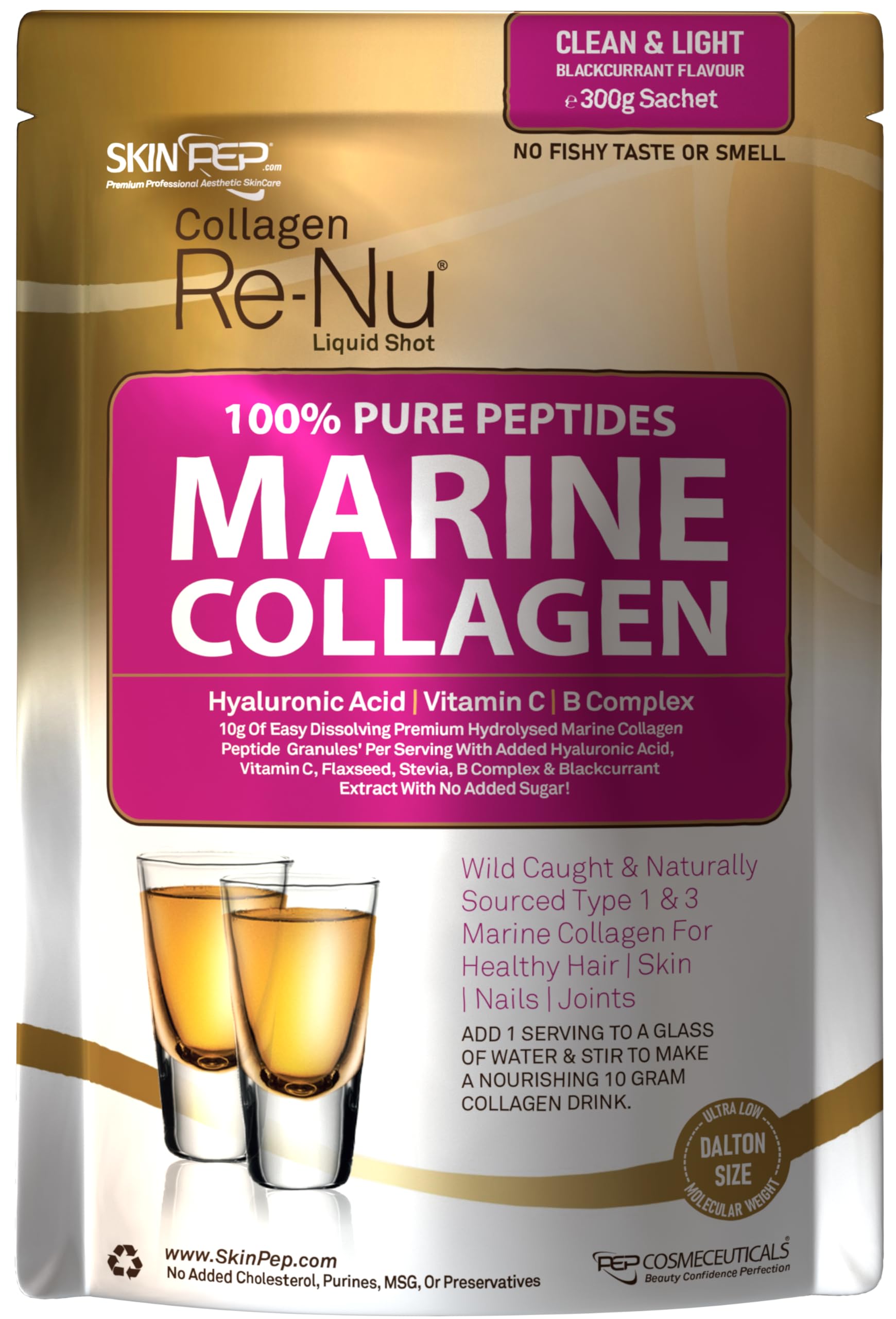 Premium Hydrolysed Marine Collagen Peptide Powder + VIT C, B Complex Hyaluronic Acid, & Stevia. Delicious Taste/No Fishy Smell - SkinPep® Collagen Re-Nu 300g - 30 Days Supply SkinPep uk supplements