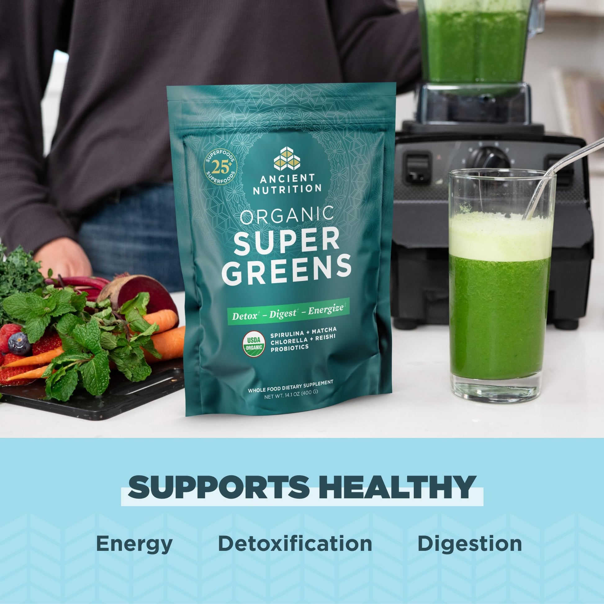 Ancient Nutrition Super Greens Powder, Organic Superfood Powder with Probiotics Made with Spirulina, Chlorella, Matcha, and Digestive Enzymes, 50 Servings, 14.1 oz Ancient Nutrition uk supplements
