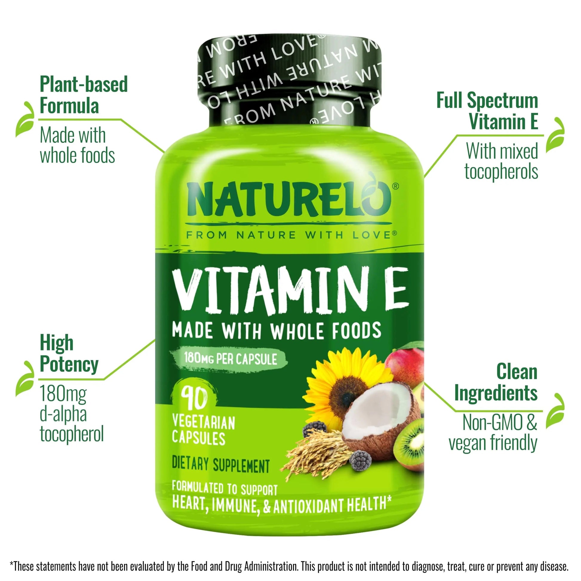 NATURELO Vitamin E Capsules 180 mg - 90 Vegan Capsules | Supports Skin, Hair, and Nails | Immune and Eye Health | NATURELO uk supplements