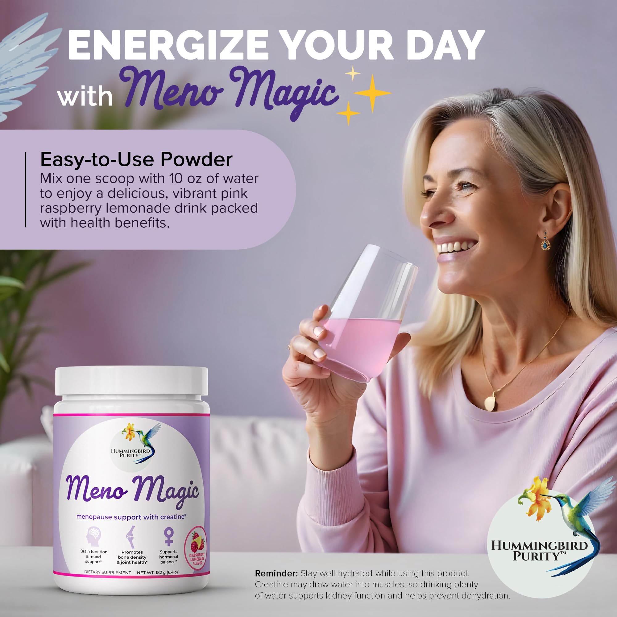 Meno Magic Menopause Support Drink – Raspberry Lemonade with Creatine, Herbs & Vitamins | 30 Servings Hummingbird Purity uk supplements