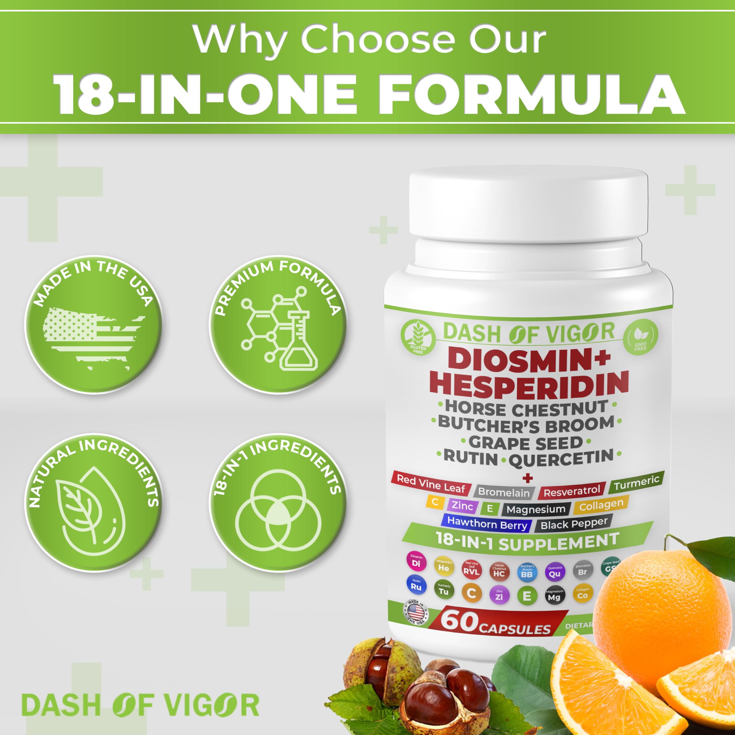 Dash of Vigor 18-in-1 Diosmin Hesperidin Supplement, Quercetin with Bromelain, Zinc, Vitamin C with Rutin Supplement, Horse Chestnut Extract, Butcher's Broom Extract, USA, 60 Capsules DASH OF VIGOR DOFV uk supplements