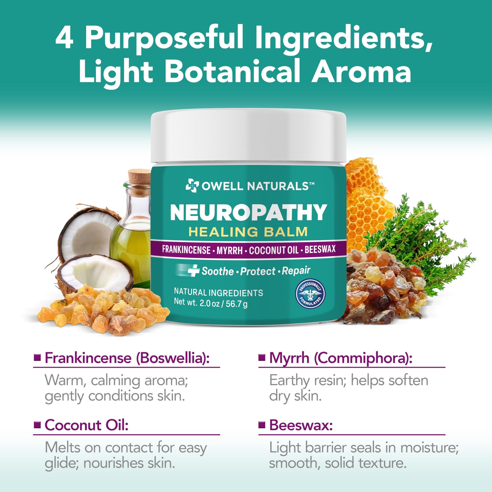 Owell Naturals Neuropathy Balm for Feet, Muscles & Joints – Long Lasting Comfort Formula with Frankincense, Myrrh, Coconut Oil, Beeswax – Fast Absorbing Botanical Skin Care, 2 oz Owell Naturals uk supplements