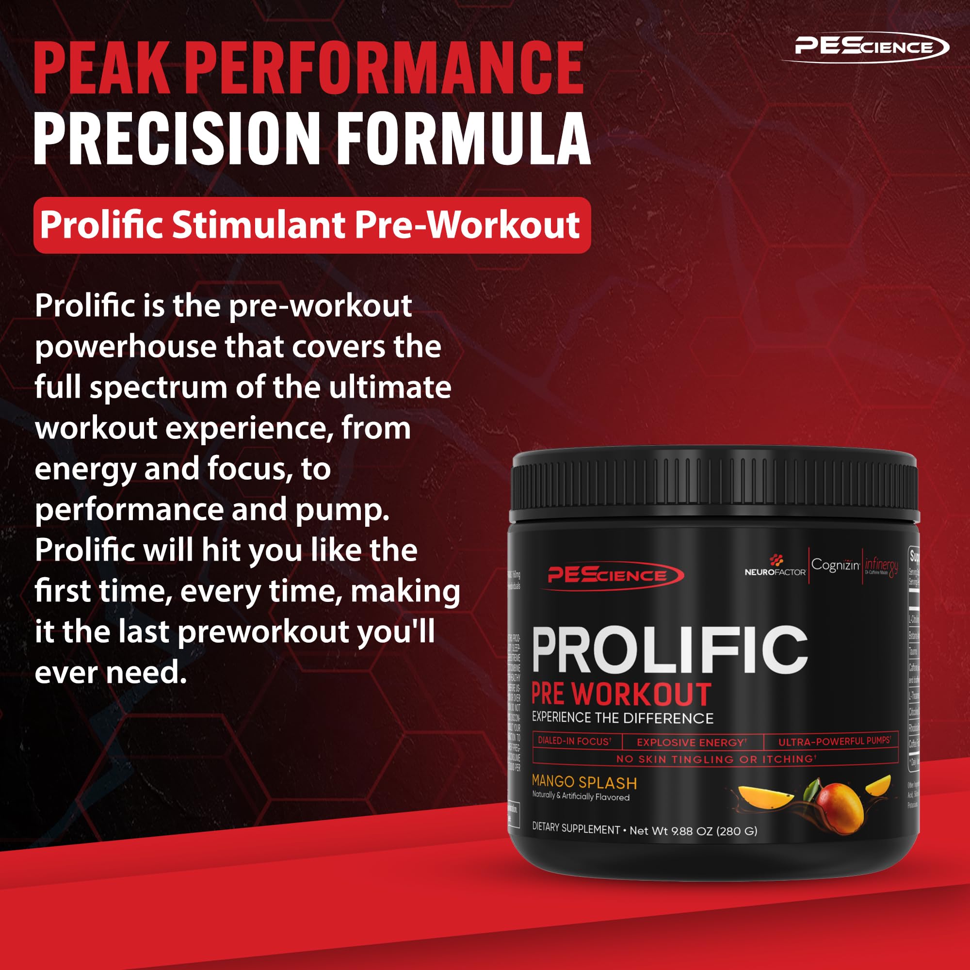 PEScience Prolific Pre Workout Powder for Men & Women with L-Citrulline Nitric Oxide Booster, Energy Powder & Nootropic for Focus – Preworkout Without Beta Alanine – 40 Scoops, Mango Splash PEScience uk supplements