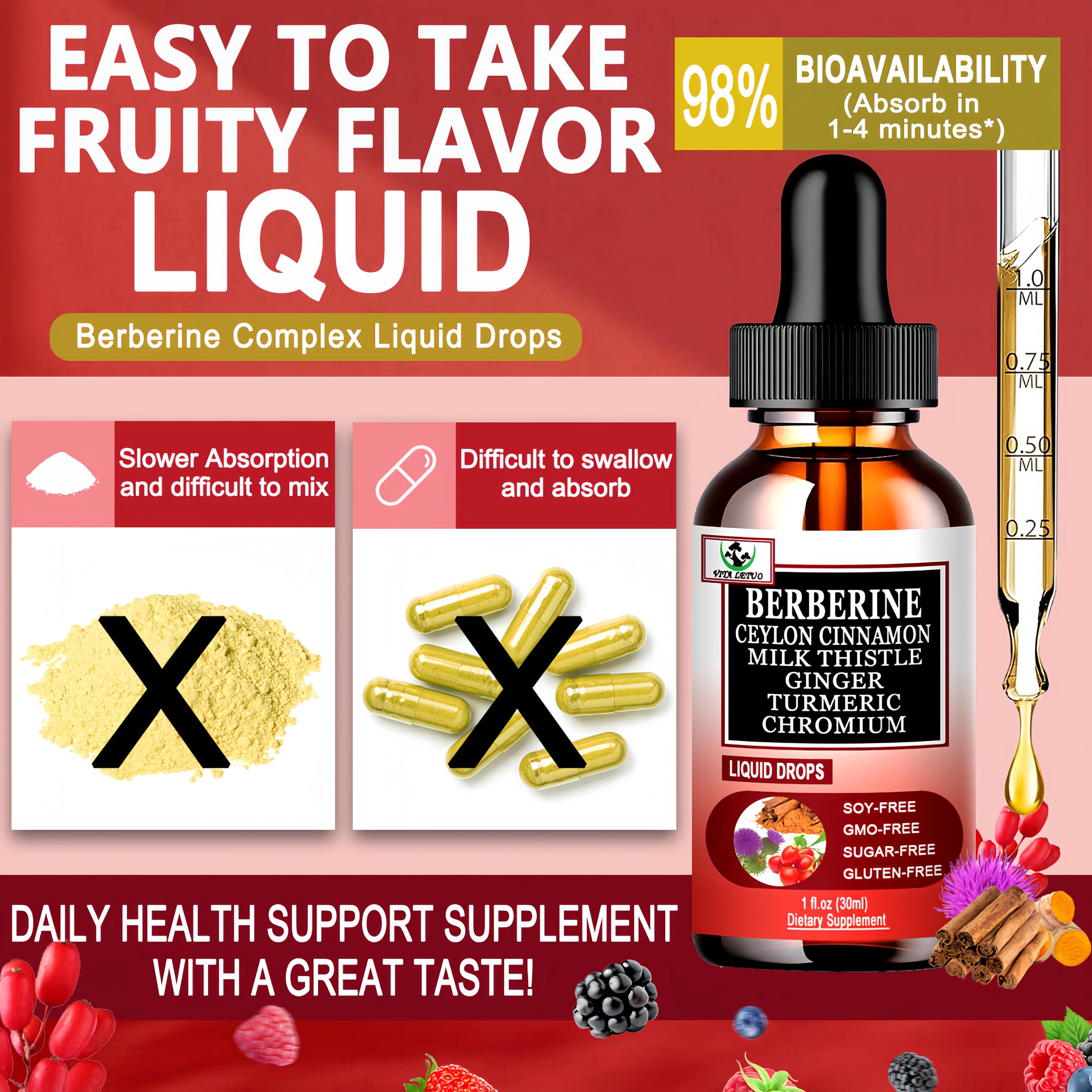 Berberine Drops, High Absorption 6-in-1 Liquid Berberine Supplement with Ceylon Cinnamon Milk Thistle Turmeric, Premium Berberine HCl for Immune Function Metabolic & Digestive Support, 30 Servings Vita letuo uk supplements